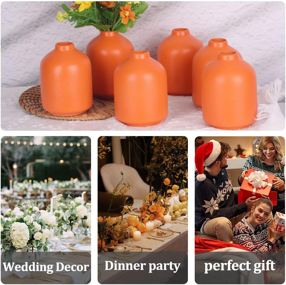 Orange Ceramic Small Vase Set of 6 - Modern Boho Flower Vase, Orange Bud Vases for Floral Arrangements, Centerpieces for Weddings, Dinner Parties, Table Settings, Foyer, Bathroom Decorations - Image 6
