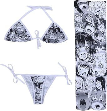 Lolita Japanese Manga Anime Ahego Face Micro Bikini Bra and Thong Set Thigh High Stockings Outfits