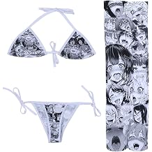 Lolita Japanese Manga Anime Ahego Face Micro Bikini Bra and Thong Set Thigh High Stockings Outfits