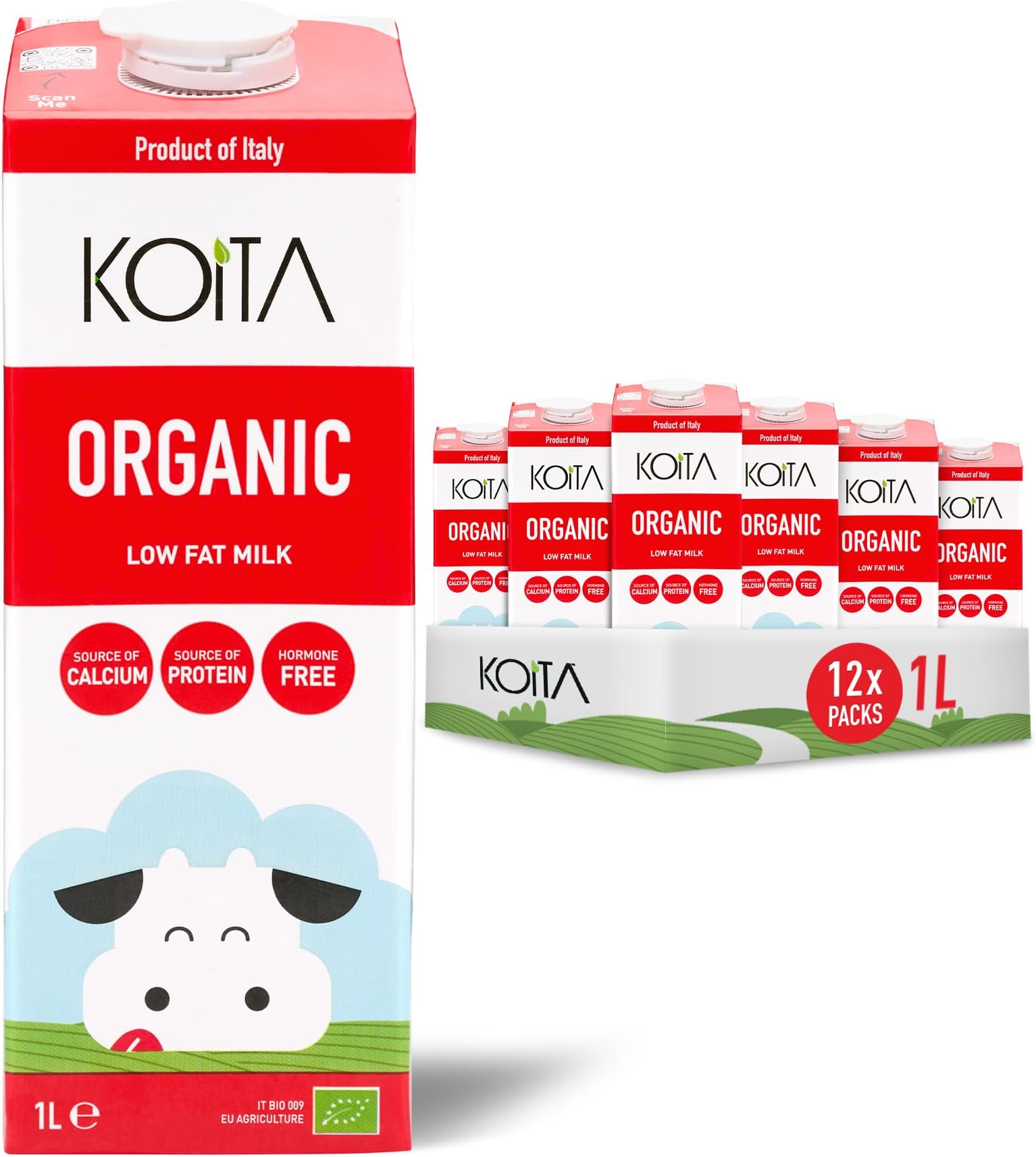 Organic Low Fat Milk (1L, 12-Pack) - Premium Italian Milk Enriched With Vitamins A & D3, EU Certified Organic.