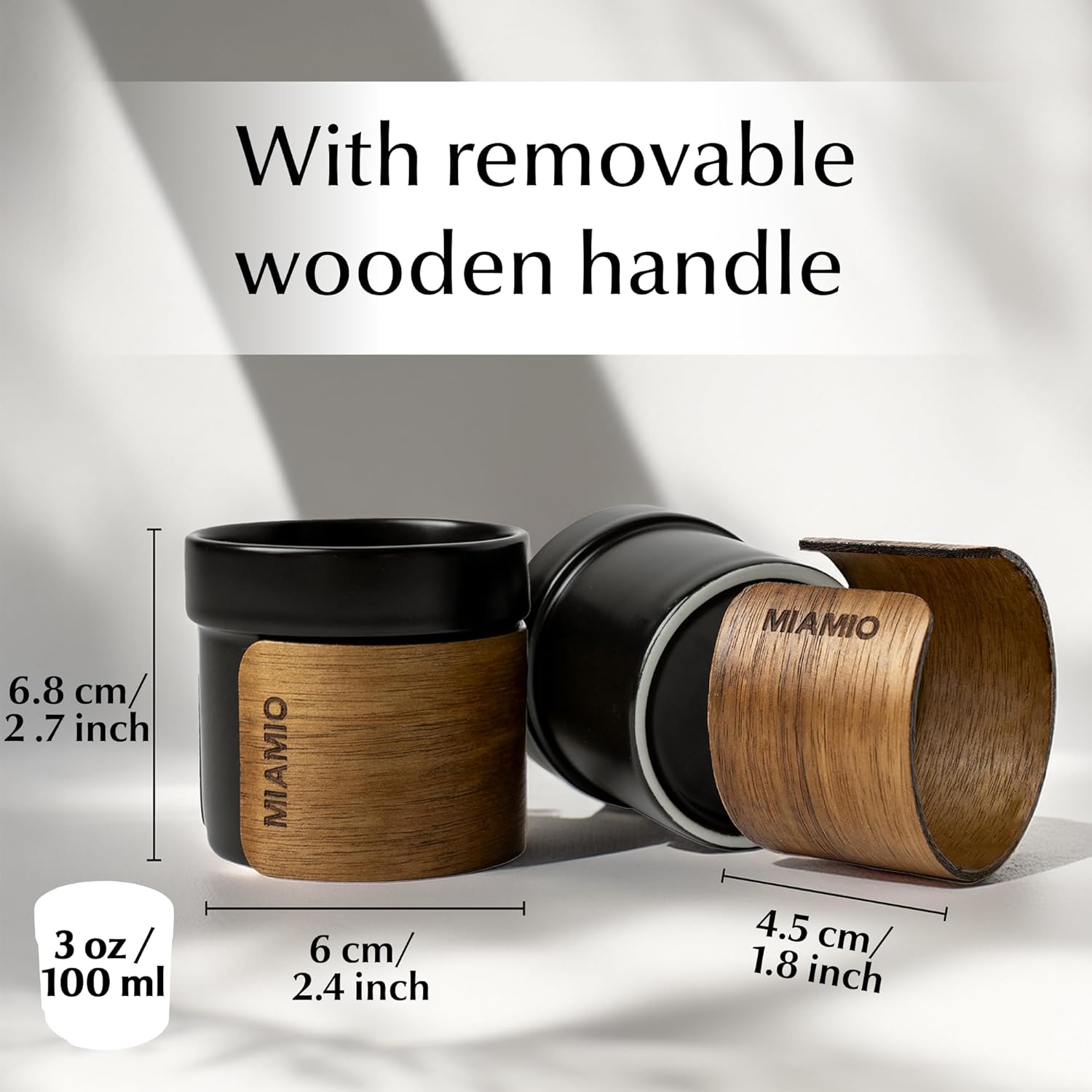 MIAMIO – Espresso Cups Set of 4 (3.5 oz) Japanese Tea Cups Ceramic/Handleless Mug with removable Wooden Cuff/Coffee Cups without Handle (Black) - Image 4