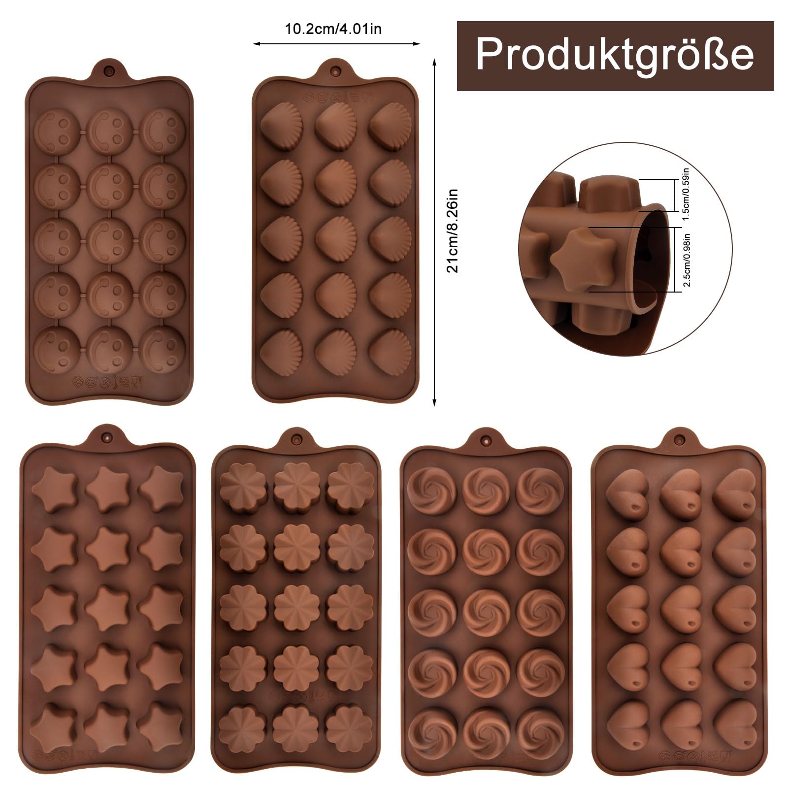 APOMOONS 6 silikonowych foremek 3D, różne nieprzywierające formy do pralinek, silikonowych foremek do pieczenia czekolady, słodyczy, galaretek, kostek lodu