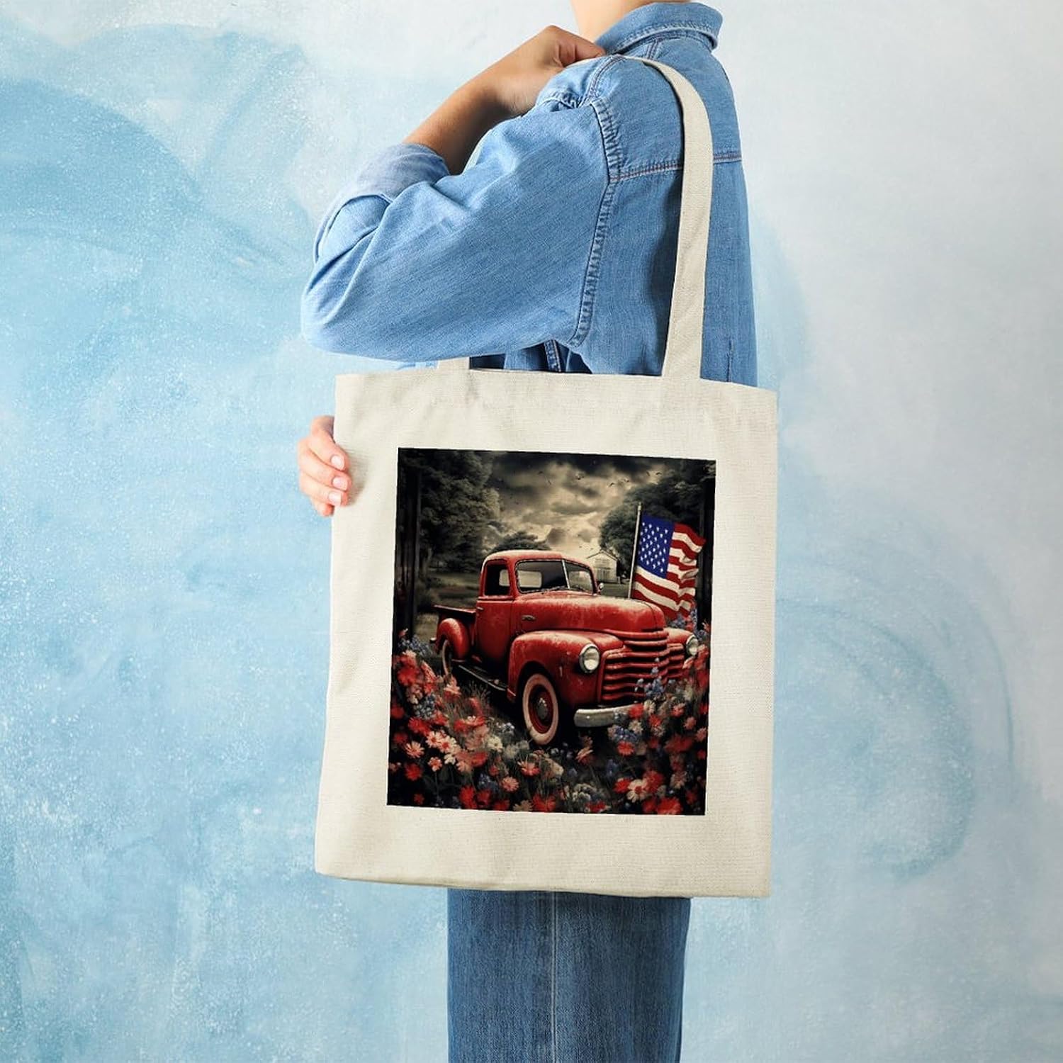 4th Of July Patriotic Old Red Truck Canvas Tote Bag Aesthetic Tote Bag image 2