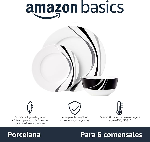 Amazon Basics Vajilla de 18 Unidad, Remolino, 6 servicios - 2
