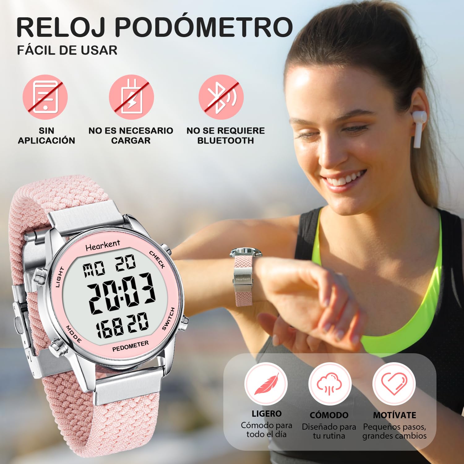 Hearkent Montre podomètre pour femme, enregistrement de calories et distance, rose, Minimalist | Montre de sport numérique, alarme, compte à rebours, affichage de l'heure, sans charge ni application, 2401