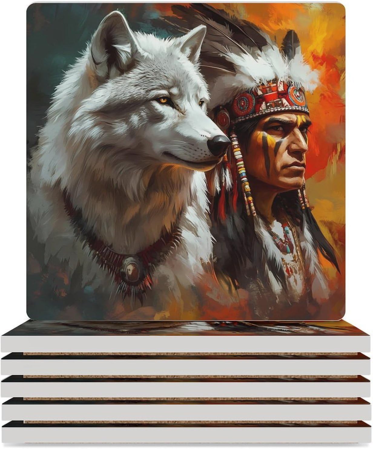 Wolf and Indians Coasters for Drinks Square Table Coasters Set Cup Mats with Cork Base
