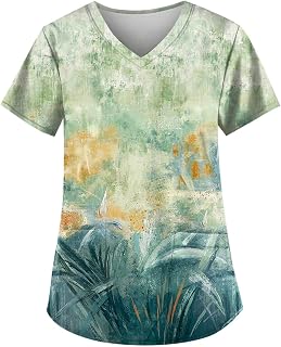 Bourund Scrub Tops for Women Stretch Floral Graphic Short Sleeve Nurse Clothes Pockets Trendy Comfy S-XXL Nursing Uniform Tee