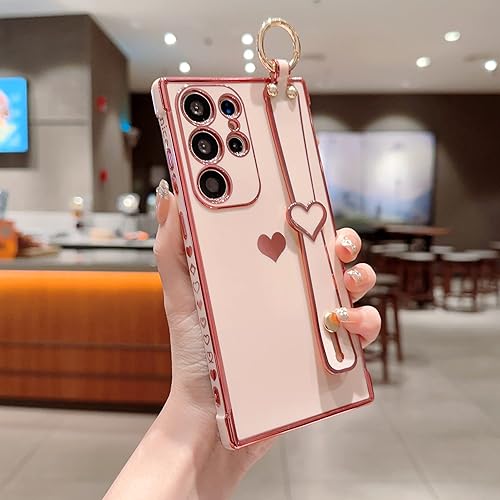 Miniatura 3 de Funda para Samsung Galaxy S22 Ultra 5G con soporte de pulsera ajustable, bonito parachoques chapado de lujo, esquinas elevadas a prueba de golpes,