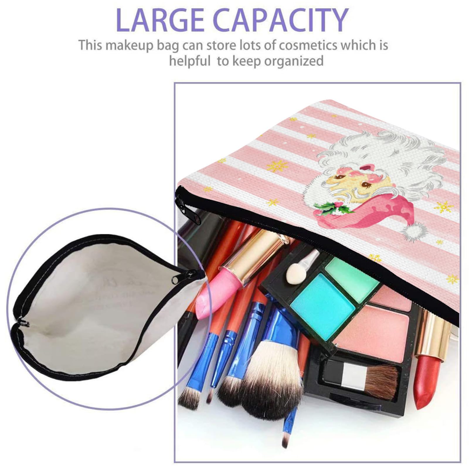 Pink Christmas Santa Claus Makeup Bag, Xmas Snowflakes Women Large Capacity Zipper Cosmetic Bag - Image 3