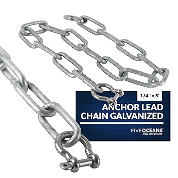 Five Oceans Marine Boat Anchor Lead Chain Hot-Dipped Galvanized Steel with 2 AISI316 Stainless Steel Bow Shackles (1/4 Inches x 5 Feet)