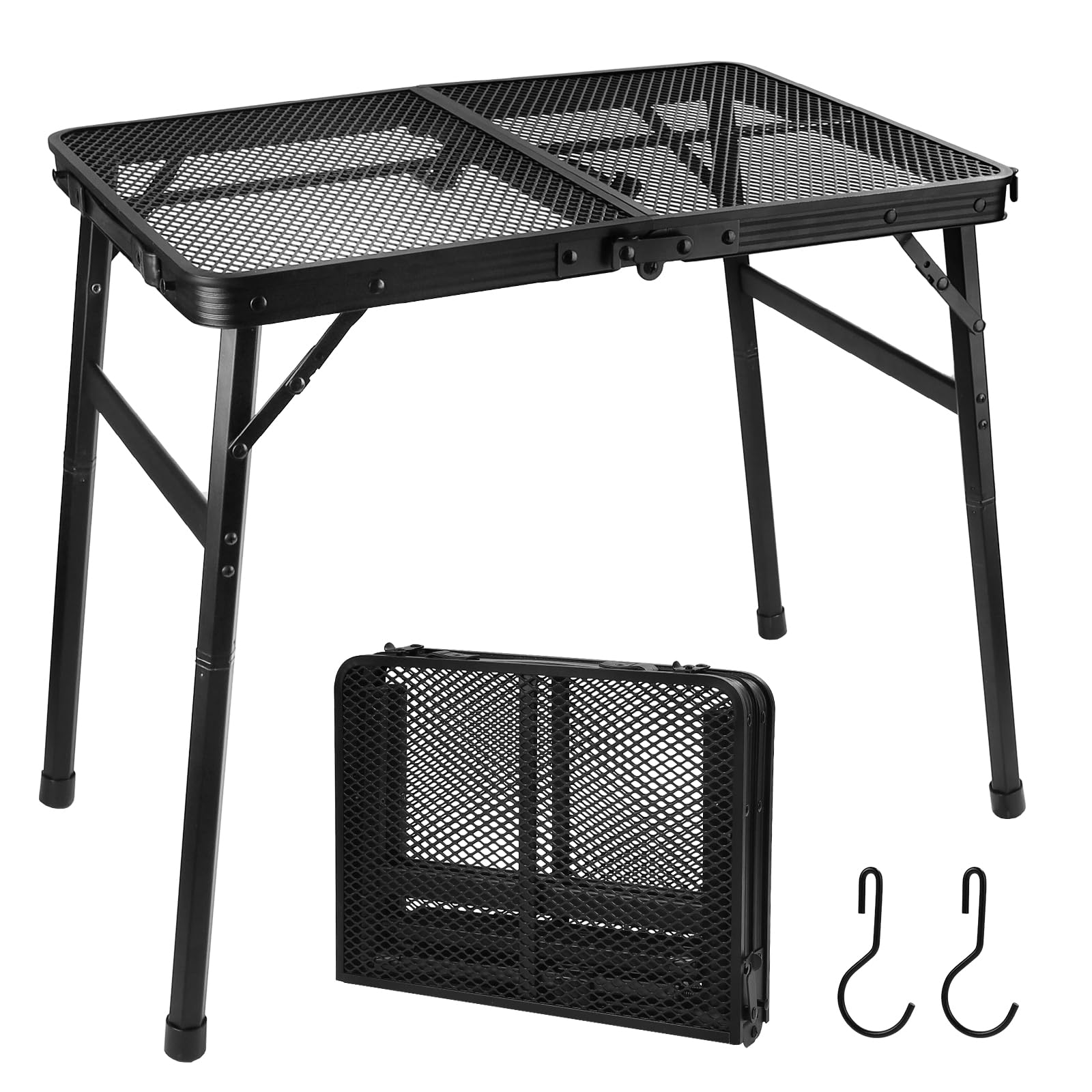 LALAGO 60x40cm Tavolo da Campeggio Altezza Regolabile 27/56cm, Piccolo Tavolo Bar Pieghevole con Scrivania in Rete, Tavolo Multifunzionale Portatile, Tavolo Sfondo Alluminio Nero per Giardino Picnic