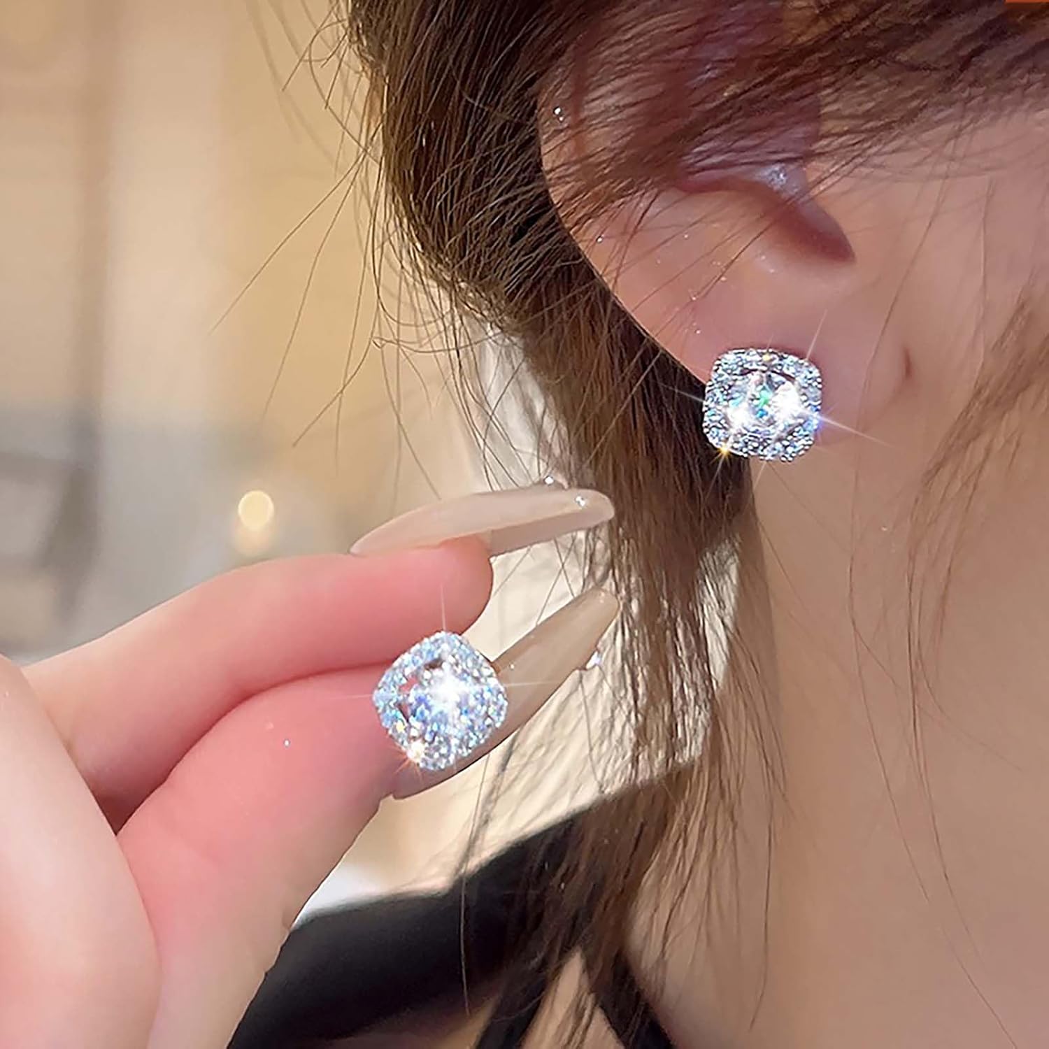 Vintage Square Cubic Zirconia Earrings Round Crystal Stud Earrings Silver Square Halo Earrings Pave Rhinestones Earrings Sparkle Halo Crystal Earrings Jewelry for Women - Image 2