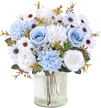 Dremisland Artificial Flowers Blue Silk Flower Bouquet 2 Packs Silk Roses
