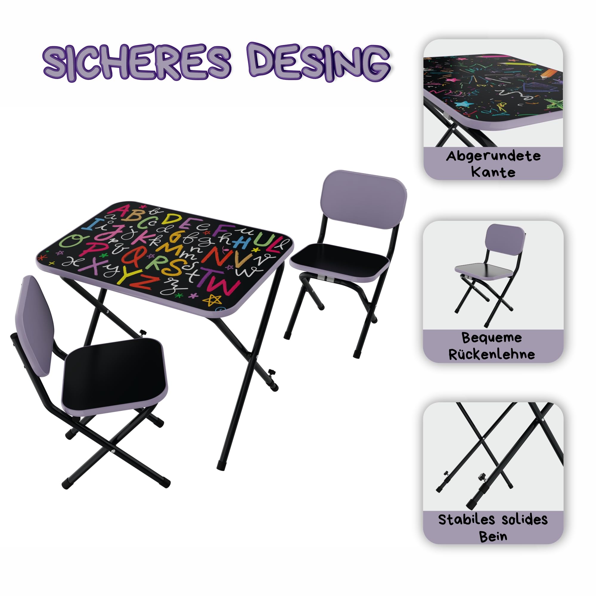 Kindertisch mit 2 Stühlen – Praktisches Spieltisch-Set für Kleinkinder – Klappbare und mitwachsende Kindersitzgruppe, Kindertisch mit verstellbarer Tischplatenneigung (Alphabet, lila)