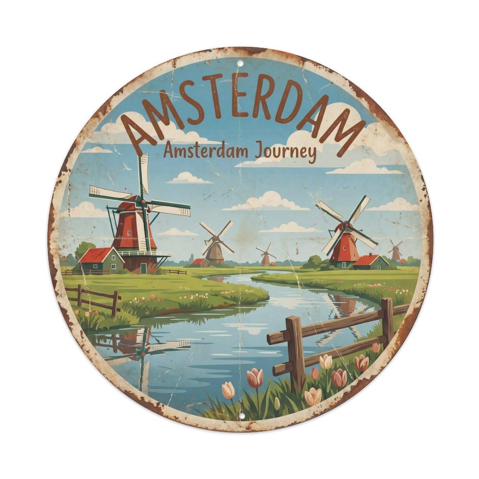 Vintage Travel Dutch Windmill Countryside Metal Tin Sign Plaque Wall Decor for Cafe, Club, Garden Round Metal Poster 8x8Inch