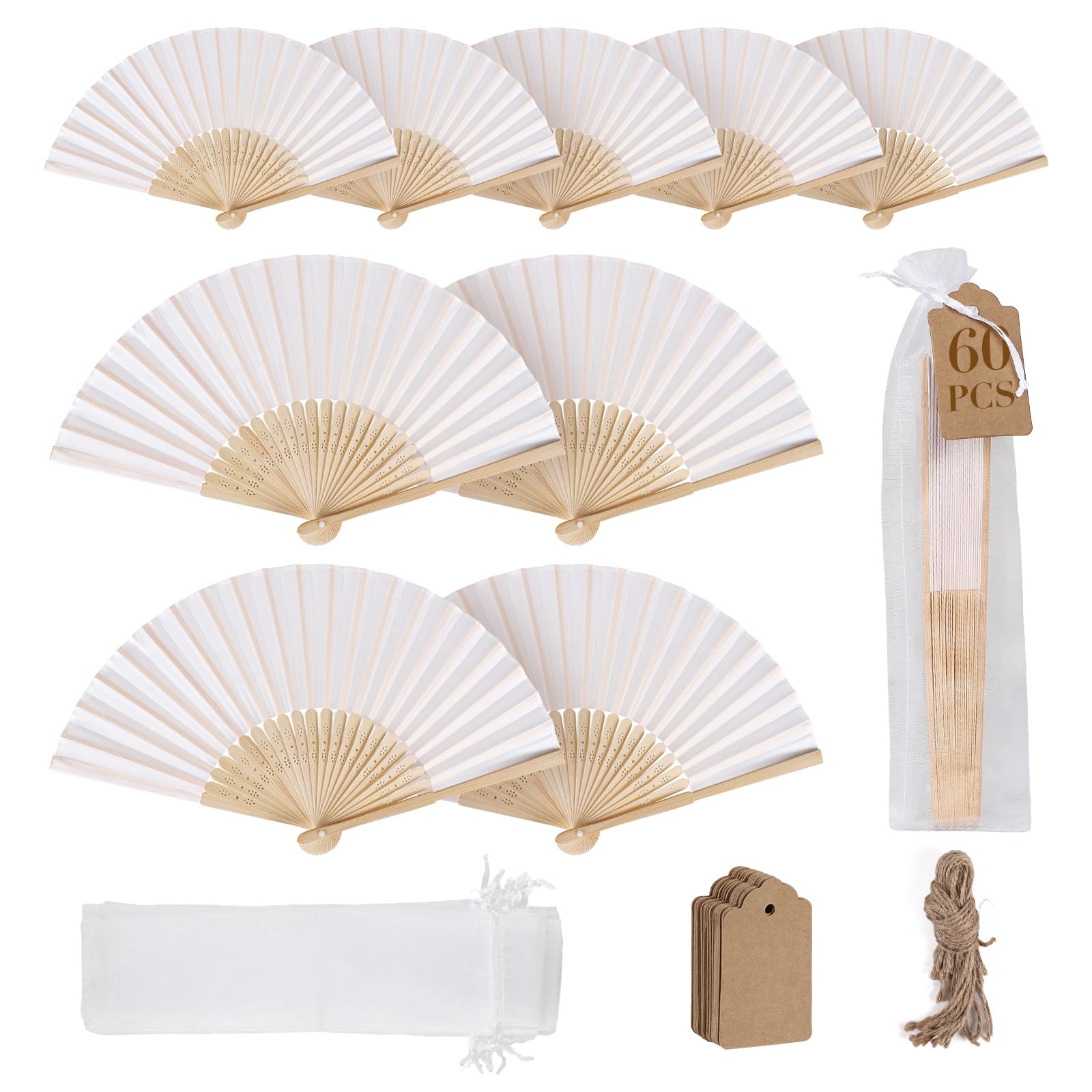 SWAWIS 60 Piezas Abanicos de Tela Blanco, Abanico Plegable con 60 Bolsas de Organza y Tarjetas de Agradecimiento, Ventiladores de Bambú para Bodas Bautizos Decoraciones Fiestas DIY