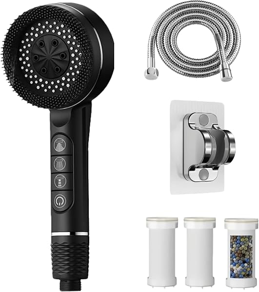 Pommeau Douche Haute Pression,Pommeau De Douche Anti Calcaire,Filtre Shower Head avec Tuyau 1.5M et Support,4 Types de Jets Douchette Douche Salle de Bain avec Bouton D'arrêt D'eau,Noir - 1