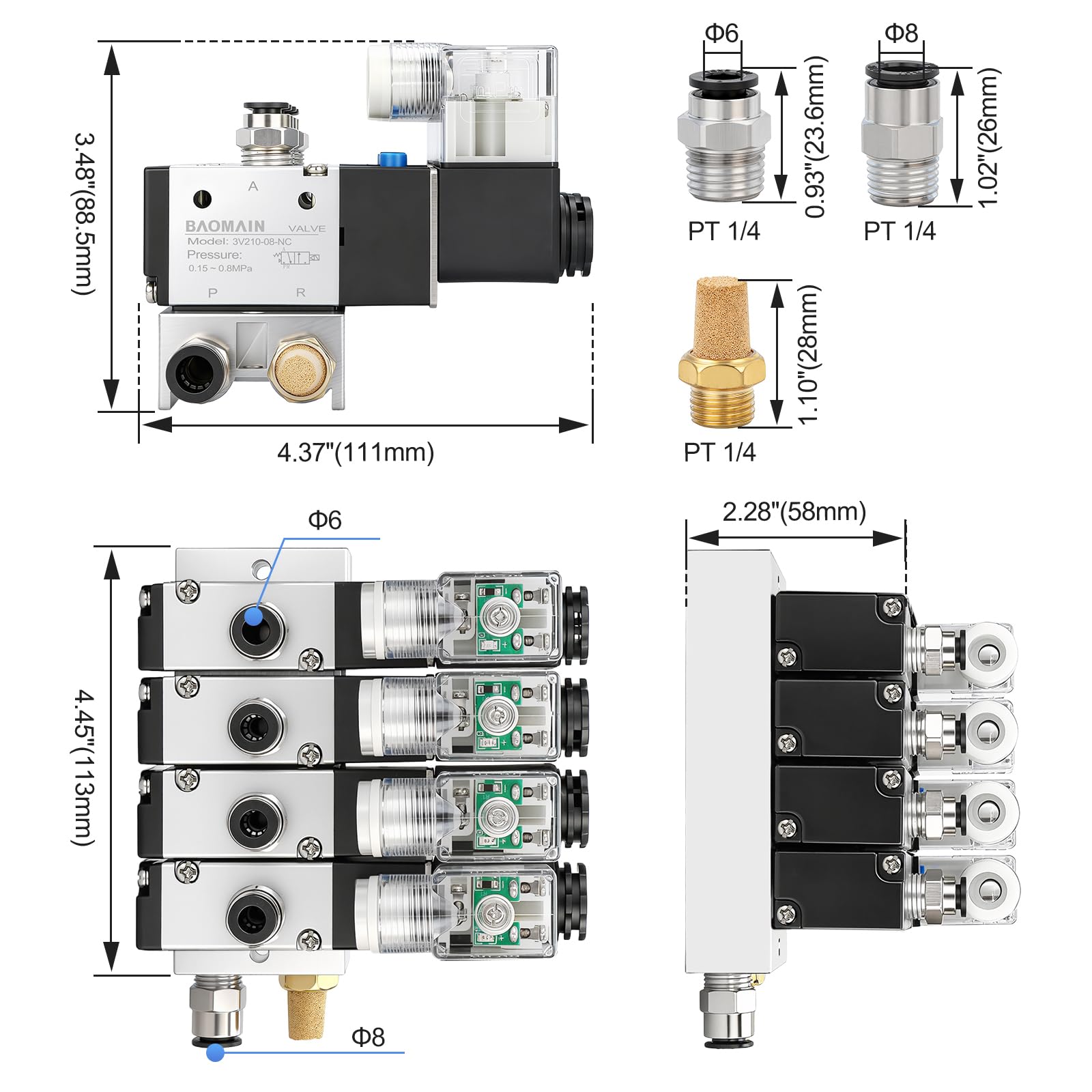 Baomain Électrovanne pneumatique 4 espaces 3V210-08 12VDC PT1/4 2 positions 3 voies collecteur avec silencieux de base ensemble de raccords rapides