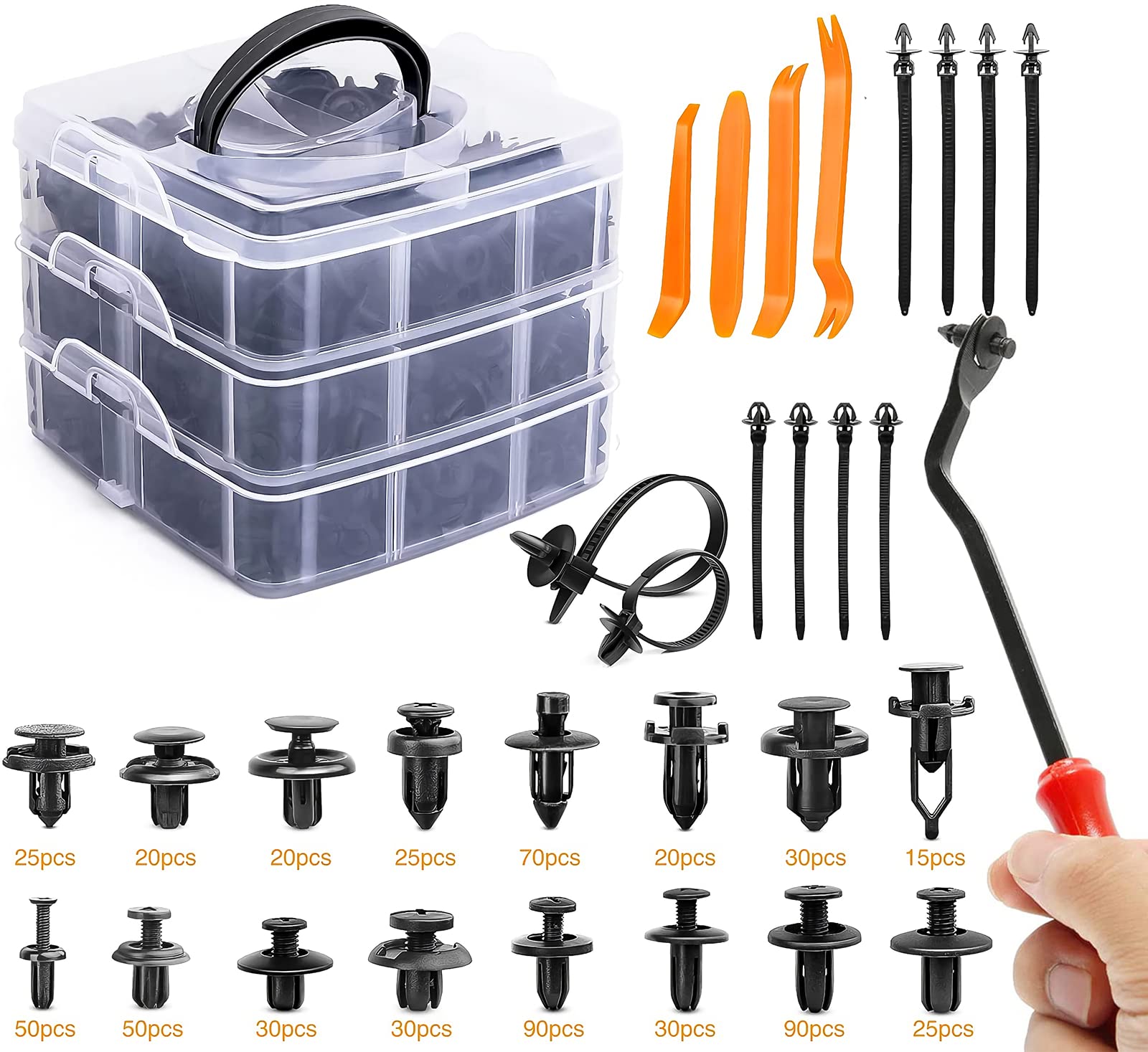 635Pcs Car Push Retainer Clips & Auto Fasteners Assortment -16 Most Popular Sizes Nylon Bumper Fender Rivets with 10 Cable Ties and Fasteners Remover (620PCS Clips + Remover)