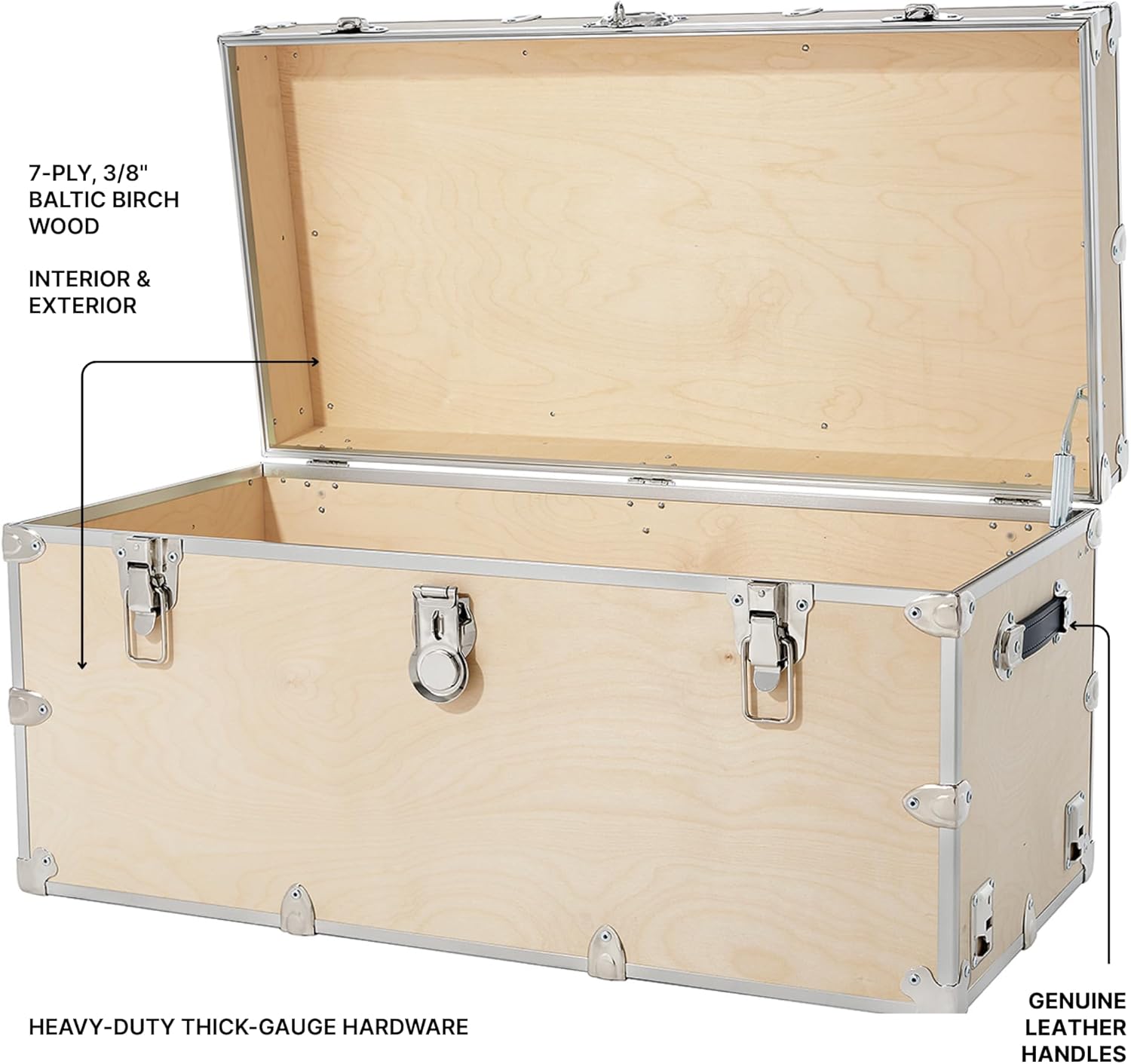 Rhino Trunk & Case Naked XXL College Trunk with Wheels - 36"x18"x18", 1500+ lbs Capacity, Soft-Close Lid. USA Made Secure Dorm Furniture & Organization, Steamer Blanket Chest, Wooden Home Storage Box