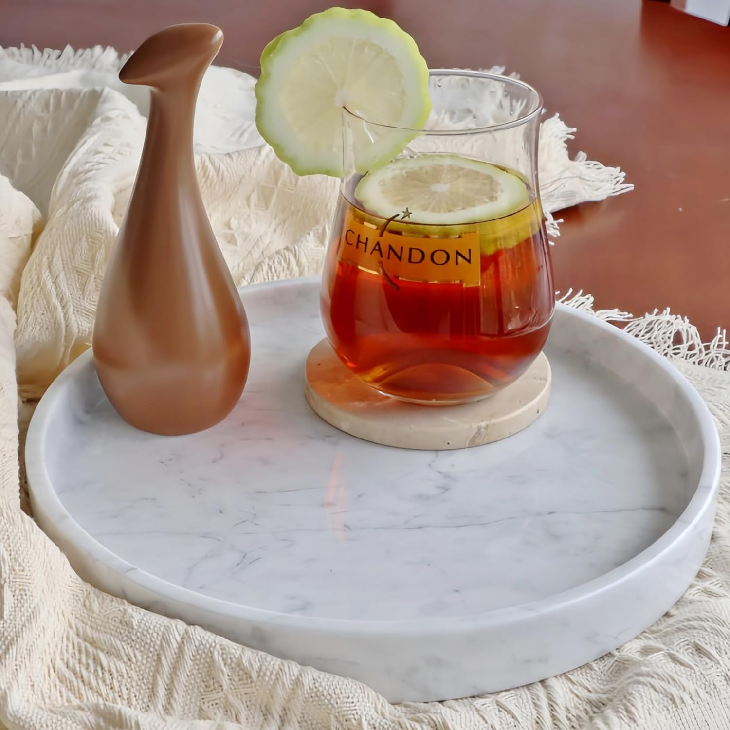 Carrara White Marble Tray Round 10 Inch, Natural Stone Perfume & Dessert Tray, Elegant Serving & Display Plate for Home, Vanity, 2 cm Deep, Non-Slip Base