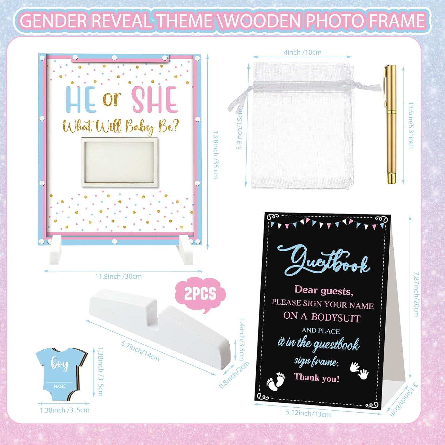 Beeveer 65 Pcs Gender Reveal Baby Shower Guest Book Alternatives He or She Gender Reveal Decorations Sign in Guest Book with Picture Frame and 60 Wooden Chip for Baby Shower He or She Party Keepsake