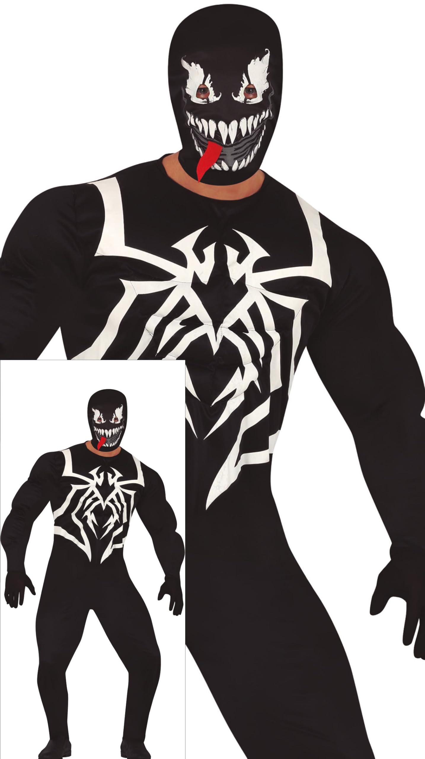 FIESTAS GUIRCA Alien Superhero Men Fancy Dress Costume - Black Villain Muscle Suit with Spider Print & Hood - Mens Halloween Costumes Adult Size M