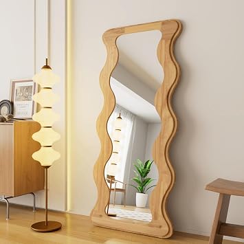 65" x 24" Full Length Mirror Wood Framed Wavy Full Body Mirror Shatter-Proof Hanging/Leaning Wall Mounted for Dressing Bedroom Living Room