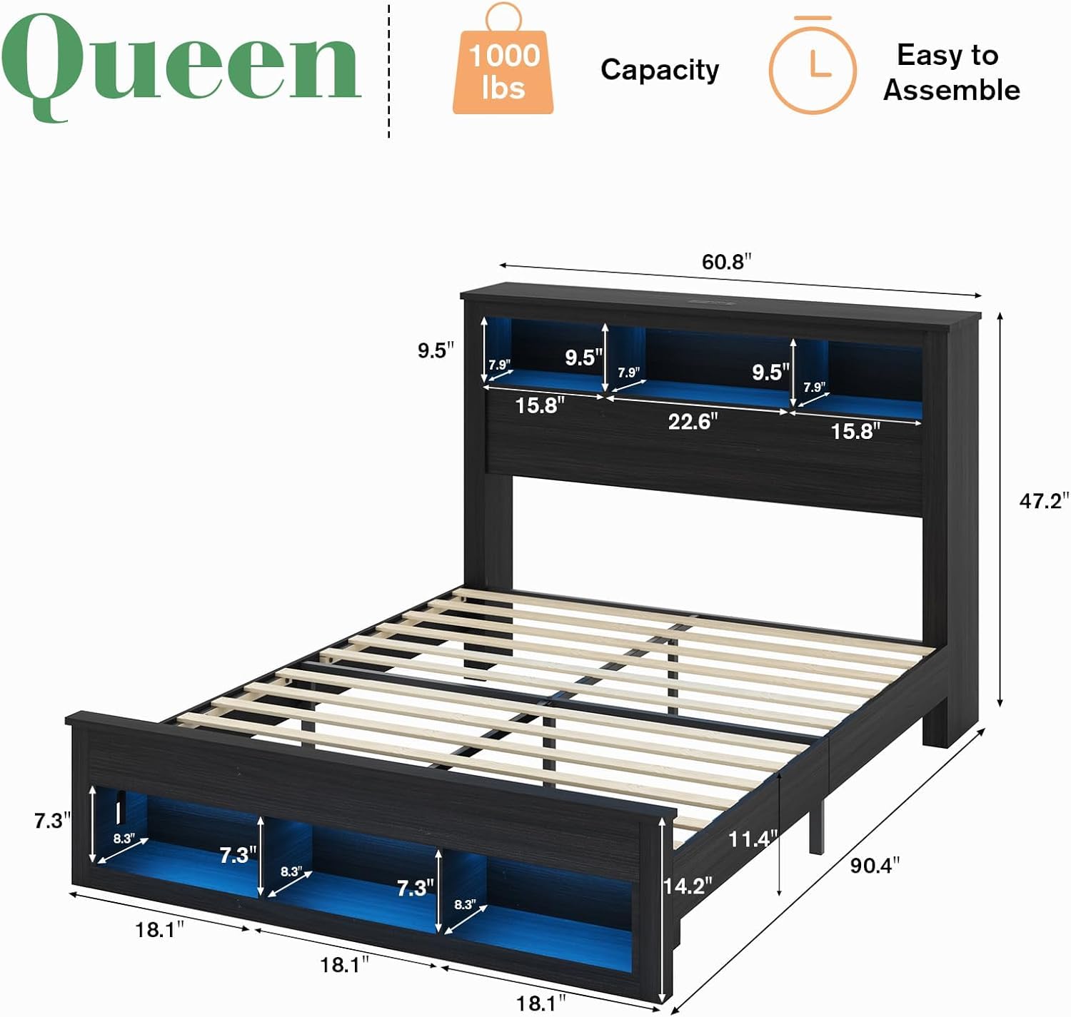 Albott Farmhouse Queen Size Bed Frame with Storage/Bookcase Headboard & Footboard, Wood Platform Bed with LED Lights/Charging Station, Heavy-Duty Metal Support/No Box Spring Needed/Noise-Free, Black