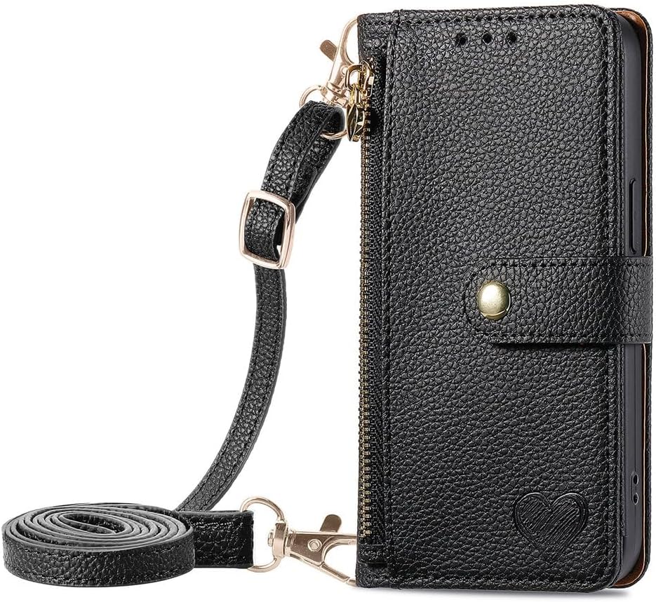 Wallet Case for TCL 30 5G PU Leather Lychee Love Pattern Snap Zipper Bag with Wrist Straps & Shoulder Straps - B Brown