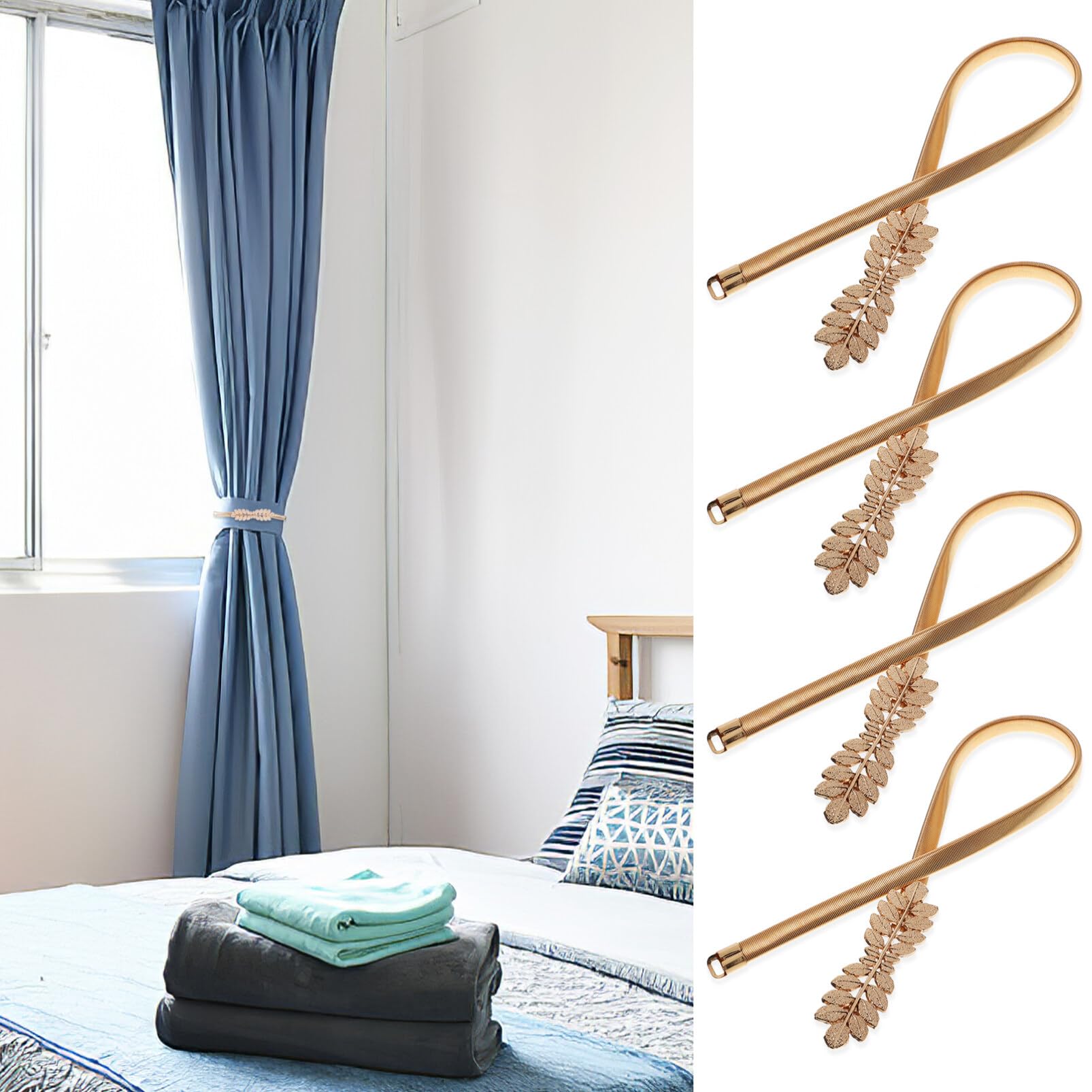 STOBAZA 4 Pack Gold Curtain Tiebacks Carving Design Curtain Ties for Drapes, Decorative Window Drape Tie Backs, Adjustable Length Spring Curtain Tiebacks for Home Window Decor