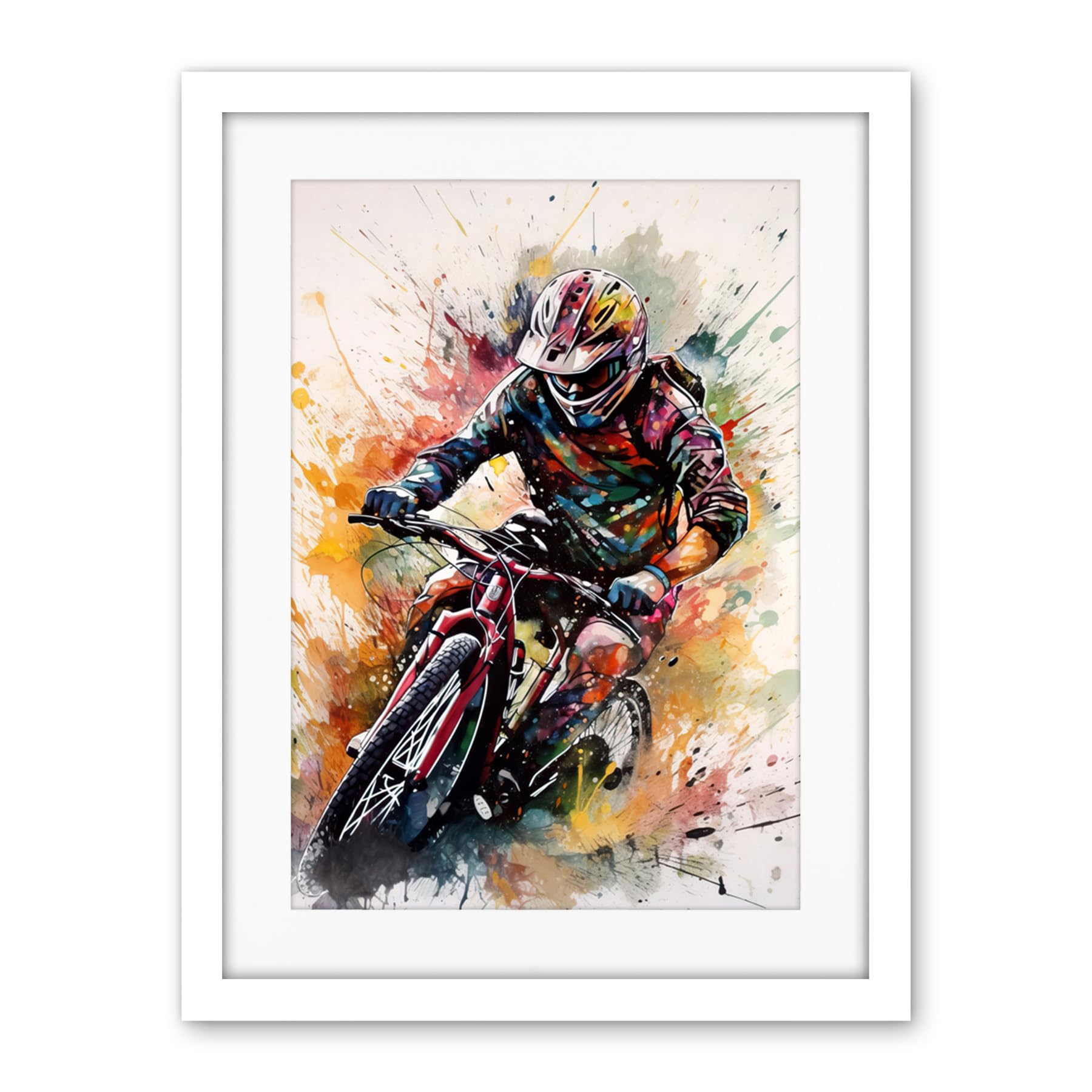 Artery8 Mountain Biker Action Shot Paint Splat Portrait Artwork Framed Wall Art Print 18X24 Inch