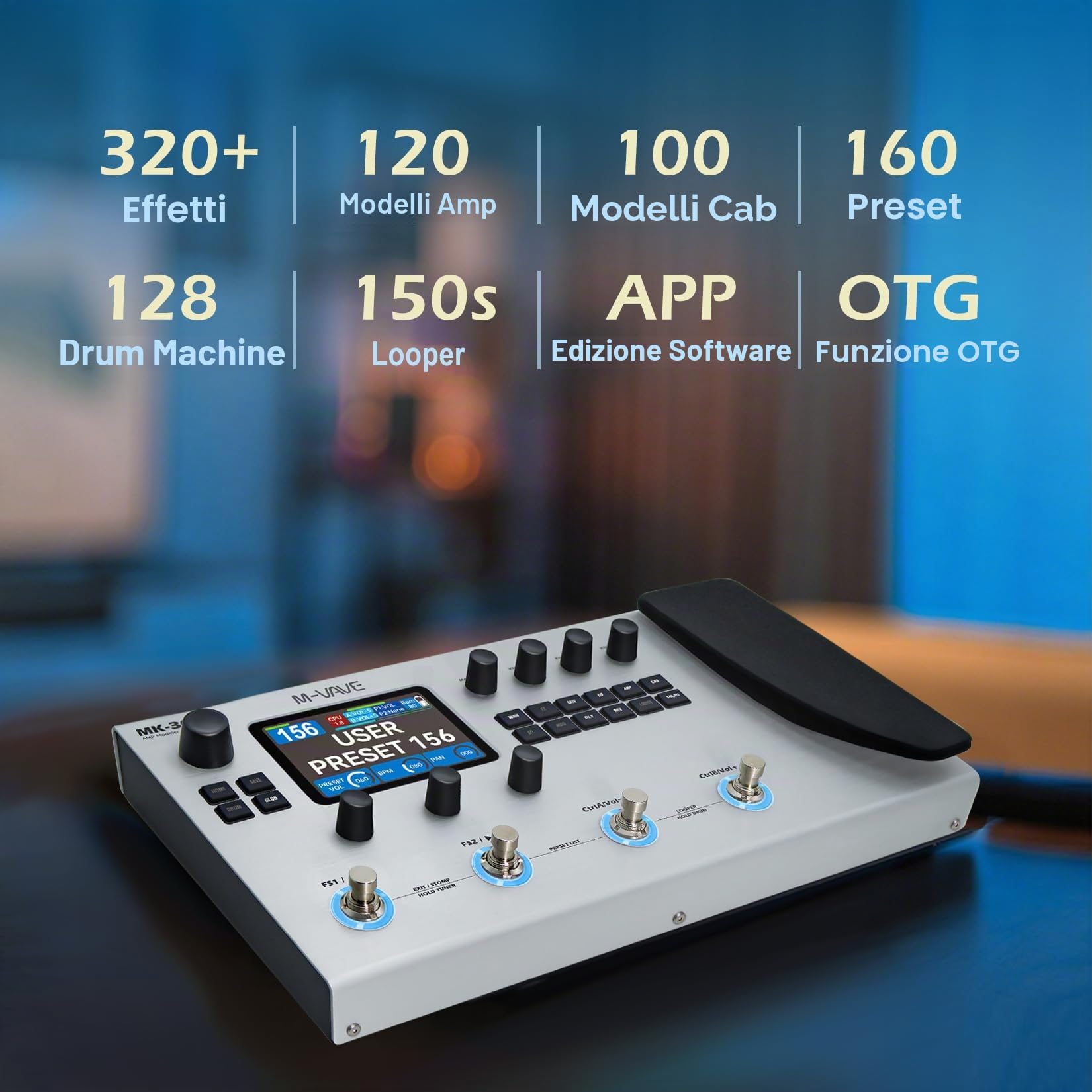 M-Vave MK-300 - Processore multi-effetto per chitarra e basso, 11 moduli, oltre 320 effetti, 120 amplificatori, caricatore IR, Looper, Drumcomputer, BT e USB