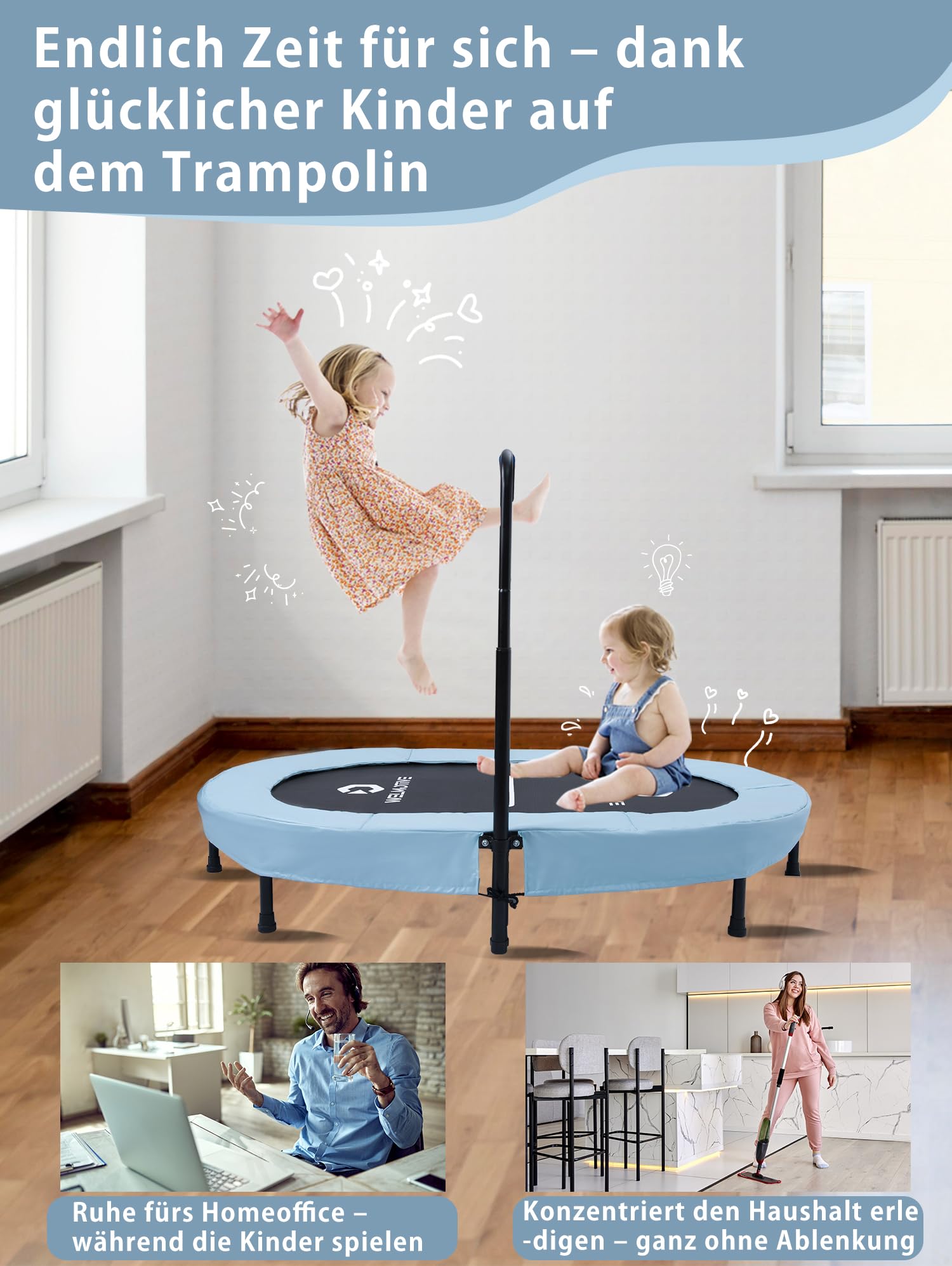 Ovales Indoor Trampolin für 2 Personen geräuscharm belastbar bis 150kg Ideal für Kinder & Erwachsene Fitness Muskelaufbau Gewichtskontrolle Sicher mit 40 Federn Geschenkidee