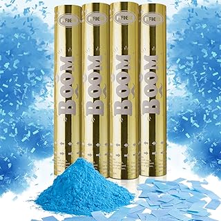 Gender Reveal Powder Cannon - 4 Blue | Powder and Confetti Cannon Baby Gender Reveal - Boy or Girl Gender Reveal Smoke, 100% Biodegradable Tissue Safe Powder Cannon