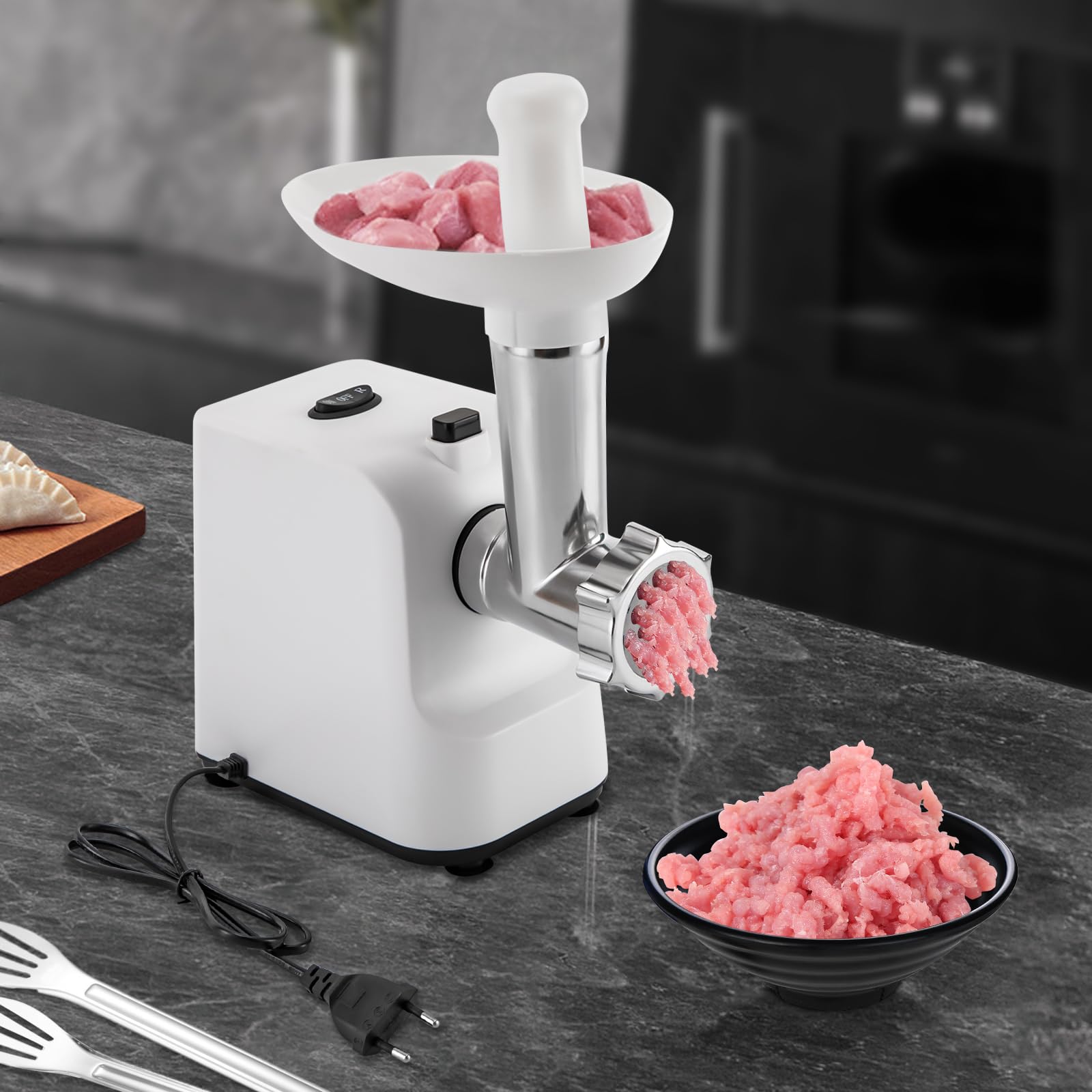 Picadora de carne eléctrica de 1000 W con relleno de salchichas y 3 discos perforados de acero inoxidable para cocina (blanco)