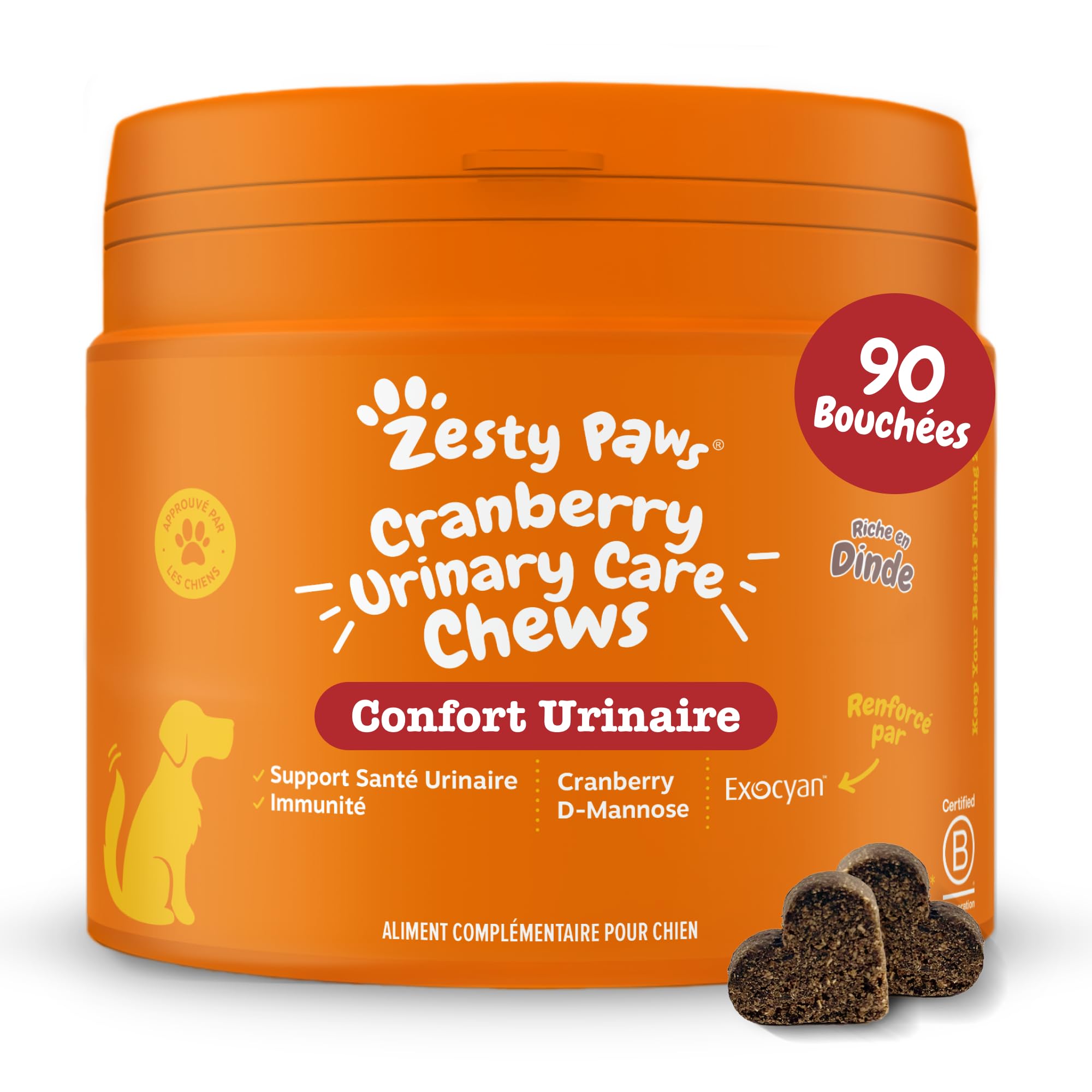 Zesty Paws Bouchées Soin Urinaire Chien | Voies Urinaires, Immunité, Équilibre du pH | Cranberry, D-Mannose, Vitamine C | Saveur Dinde | Usage Quotidien | 90 Bouchées