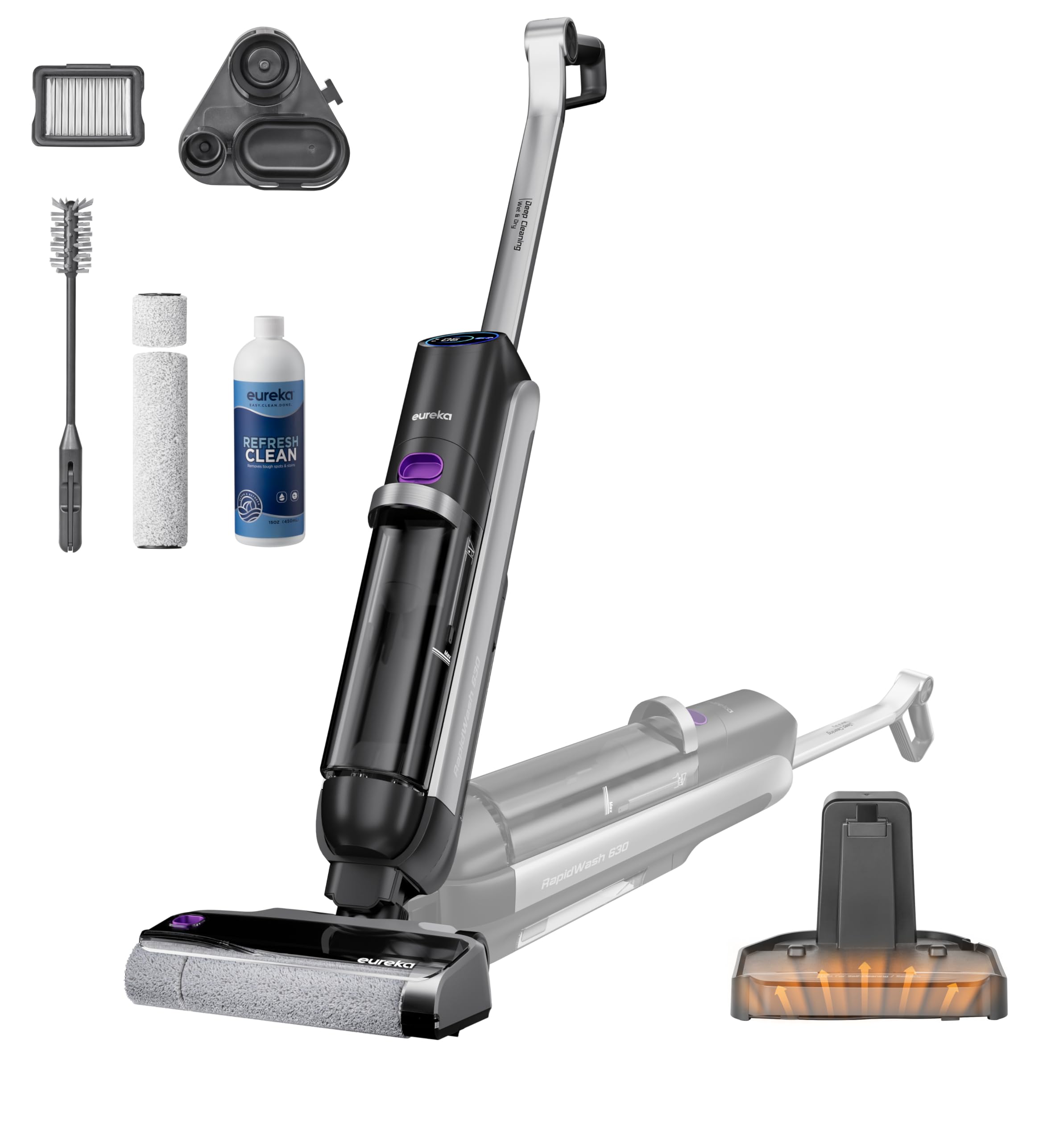 Eureka RapidWash NEW630 Aspirateur Laveur Sans Fil Séchage Air Chaud 60°C Pour Sol Hart Anti-Enchevêtrement 38 Min Auton