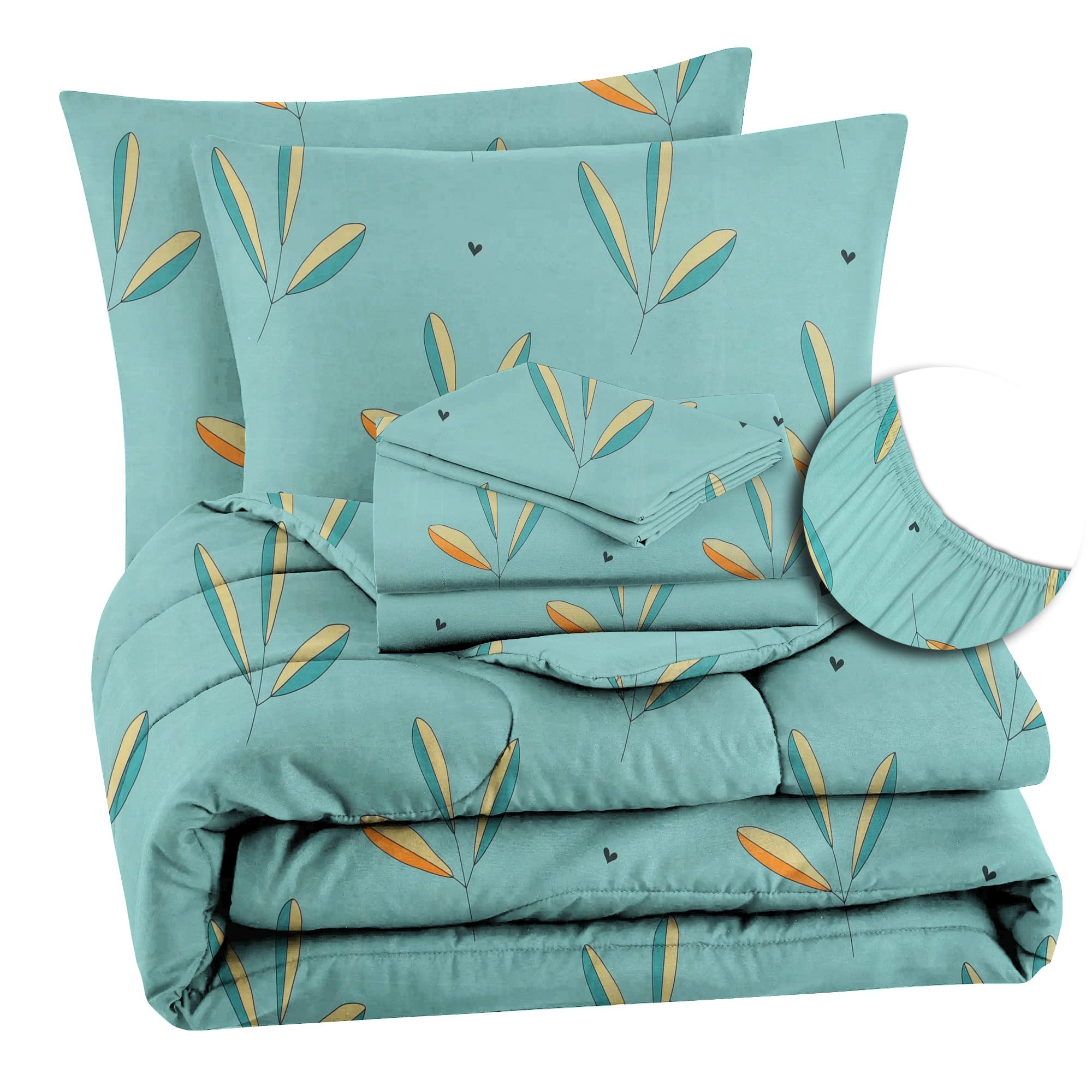 VAS COLLECTIONS 350TC Microfiber Floral AC Comforter Set King Size Double Bed with 1 Fltted bedsheet & Two King Pillow Covers, 4 Pieces Bedding Set (90x100 inch & 72x78 inch, Light Green, Cotton)