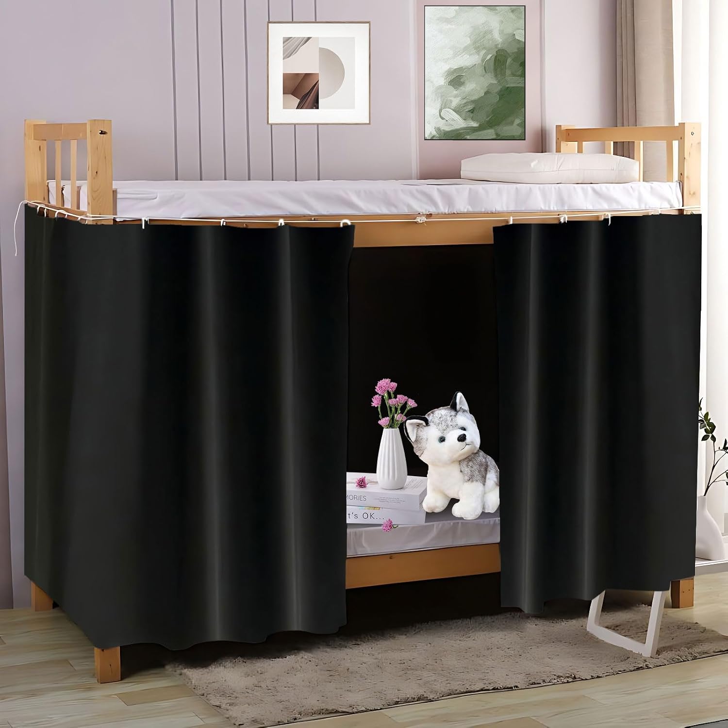 2 Panels Blackout Top Bunk Bed Curtains with Shading Coating for Students Single Sleeper, Black