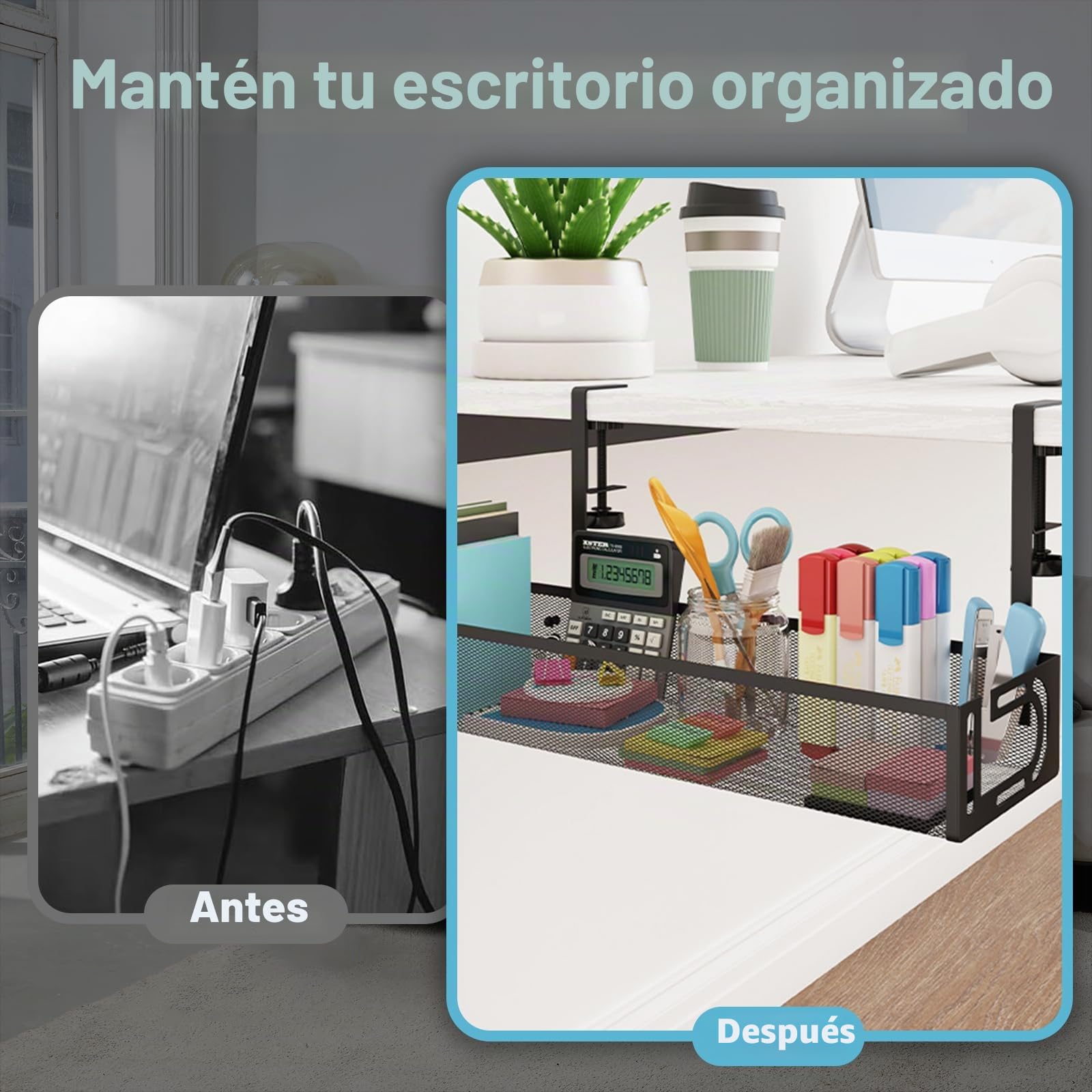Bandeja de gestión de Cables para Debajo del Escritorio, Organizador de Cables sin Taladro, Bandeja de Cables Ajustable y retráctil, fácil de Instalar, solución de Cables para el hogar u -1 Paquete