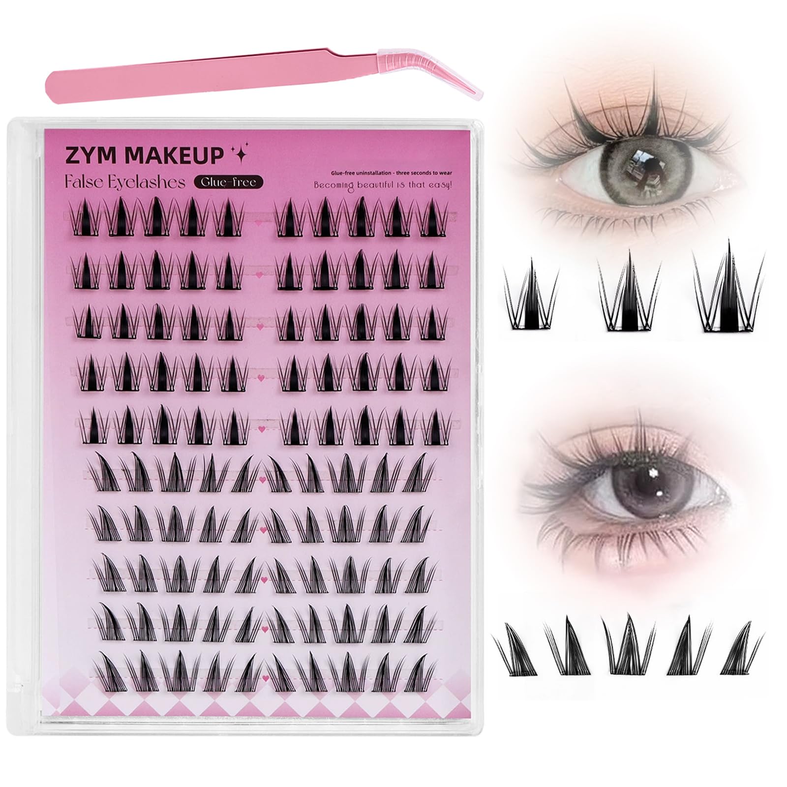100PCS False Eyelashes, Self Adhesive Eyelashes, Wispy Handmade Fake Eyelashe, No Glue Needed Tweezers included (LMJ03-2)-image-8
