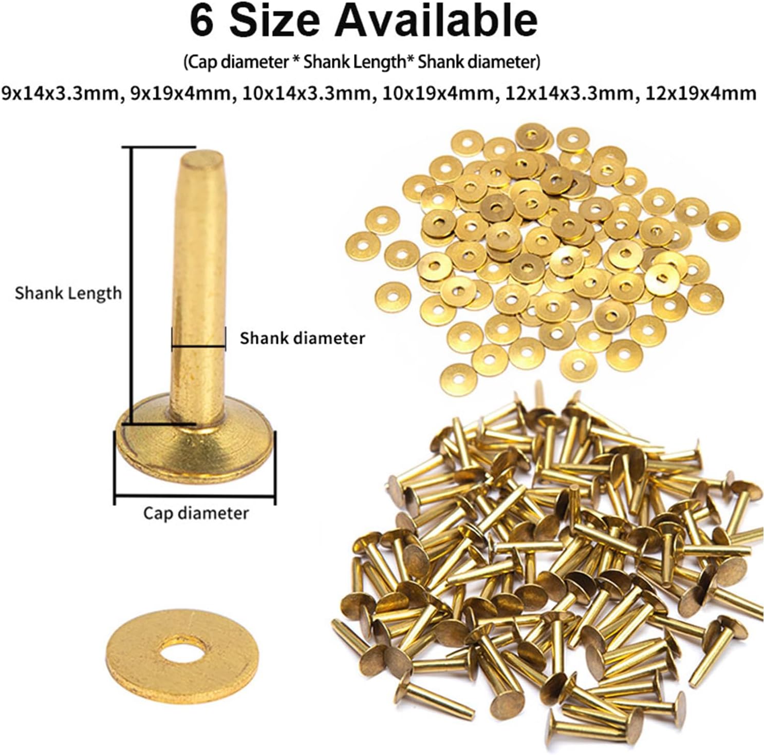 WUTA 100 Pcs Copper Rivets & Burrs, Leather Copper Rivet Fastener Solid Brass Rivets Studs Permanent Tack Fasteners for Leather Craft, Belts, Halters, Bridles (Brass, 9 x14mm)