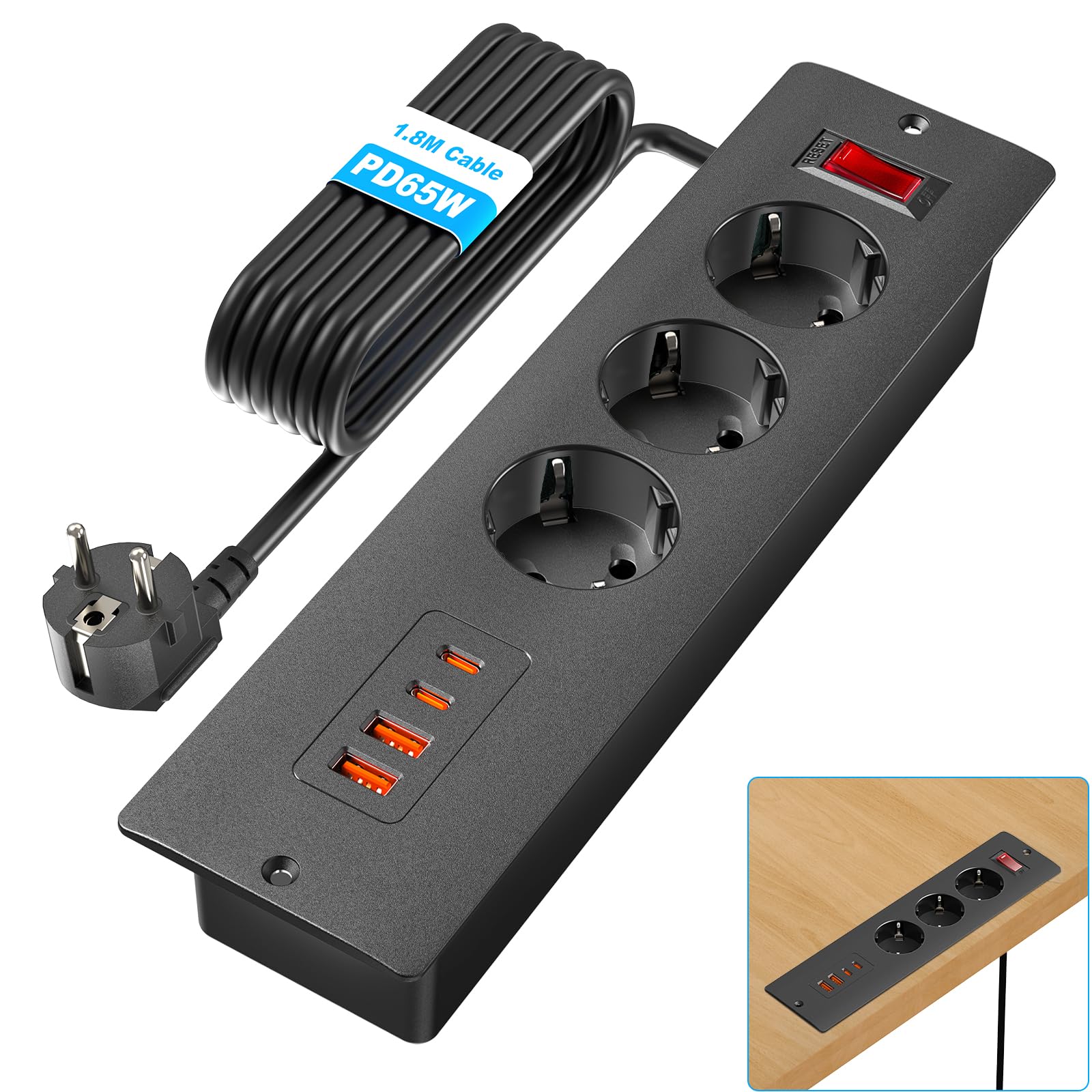 Presa da incasso con 65 W USB-C, 3 prese e 4 porte USB, Sewingvr Versenkbare Tischsteckdose, Einbauleiste per scrivania/ufficio/cucina, cavo da 1,8 m, nero