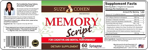 Suzy Cohen Memory Script con melena de león, fosfatidilserina, extracto de té verde y ginkgo - Suplemento de apoyo cerebral para la concentración -