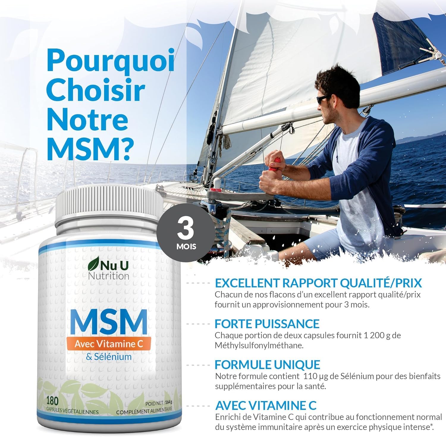 MSM avec Vitamine C et Sélénium - 180 Gélules Vegan - Méthylsulfonilméthane Haute Puissance - Fabriqué en Europe - Nu U Nutrition