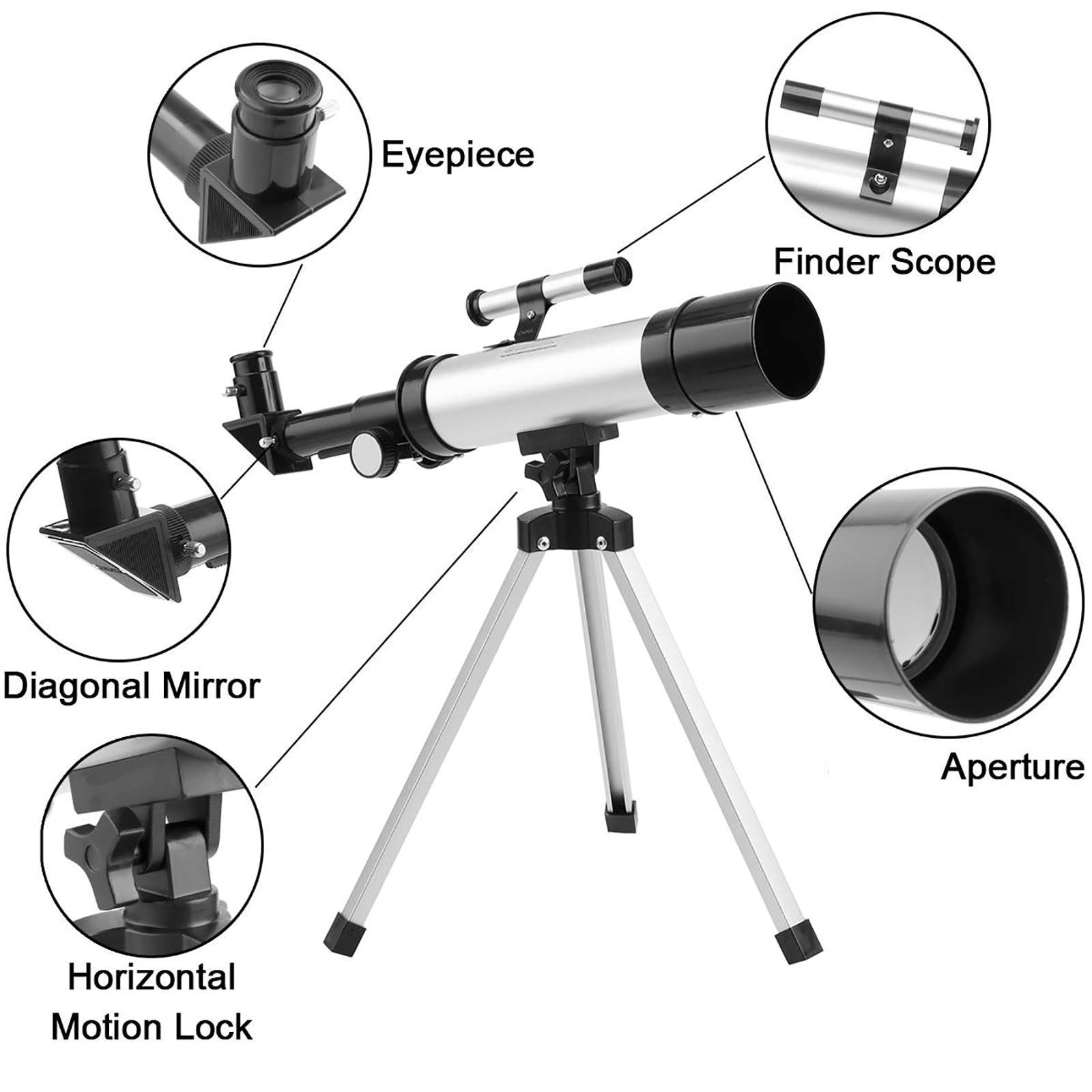 Telescopio astronómico, telescopios científicos para niños Principiantes, Ocular de 6 mm/12 mm, con trípode portátil de aleación de Aluminio, fácil de Montar
