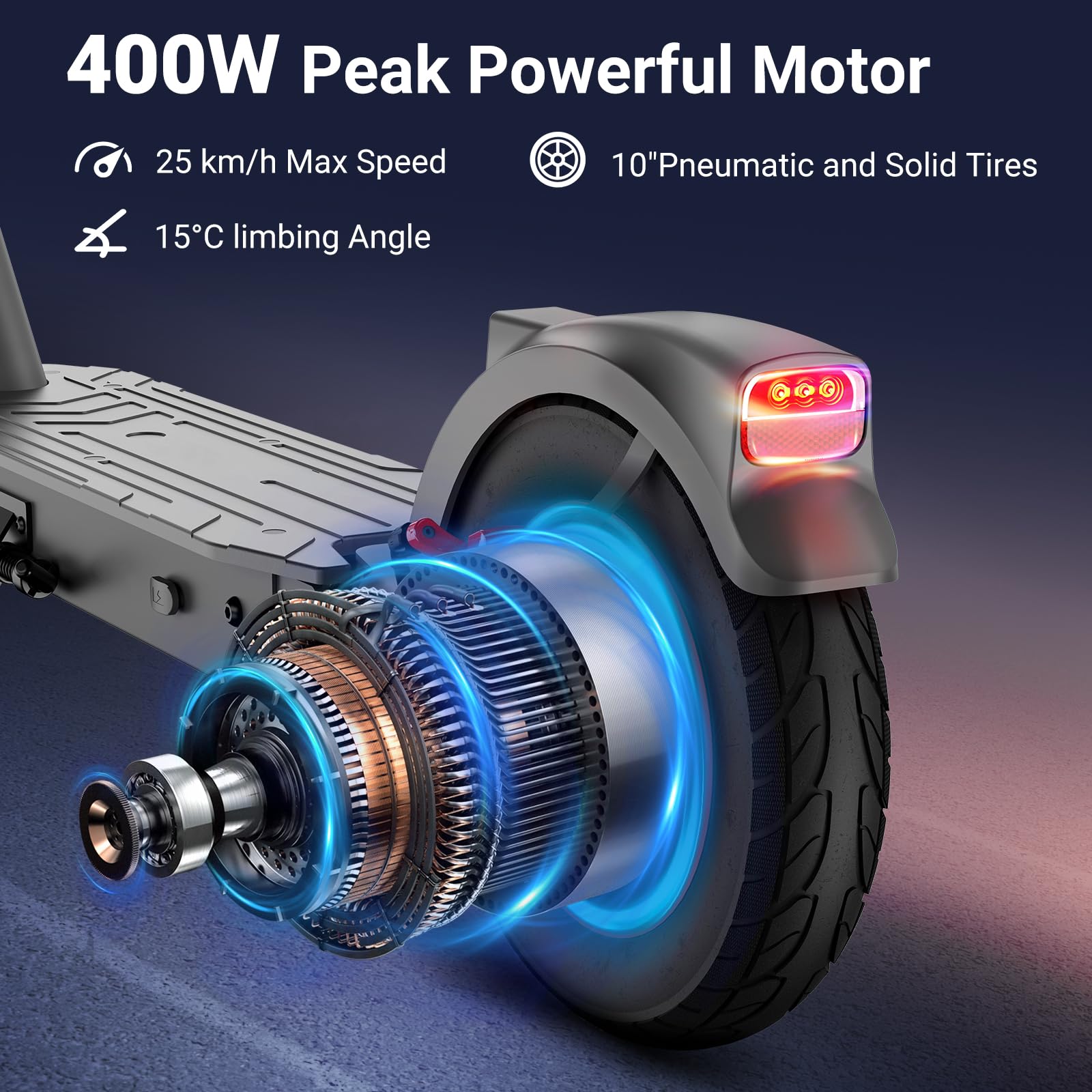 SISIGAD Patinete Eléctrico 10 Pulgadas Scooter Eléctrico Adultos con Suspensión y App, E Scooter 400W Motor 36V 10.4AH Batería 25 km/h Velocidad, Electric Scooter con Doble Freno y Amortiguador