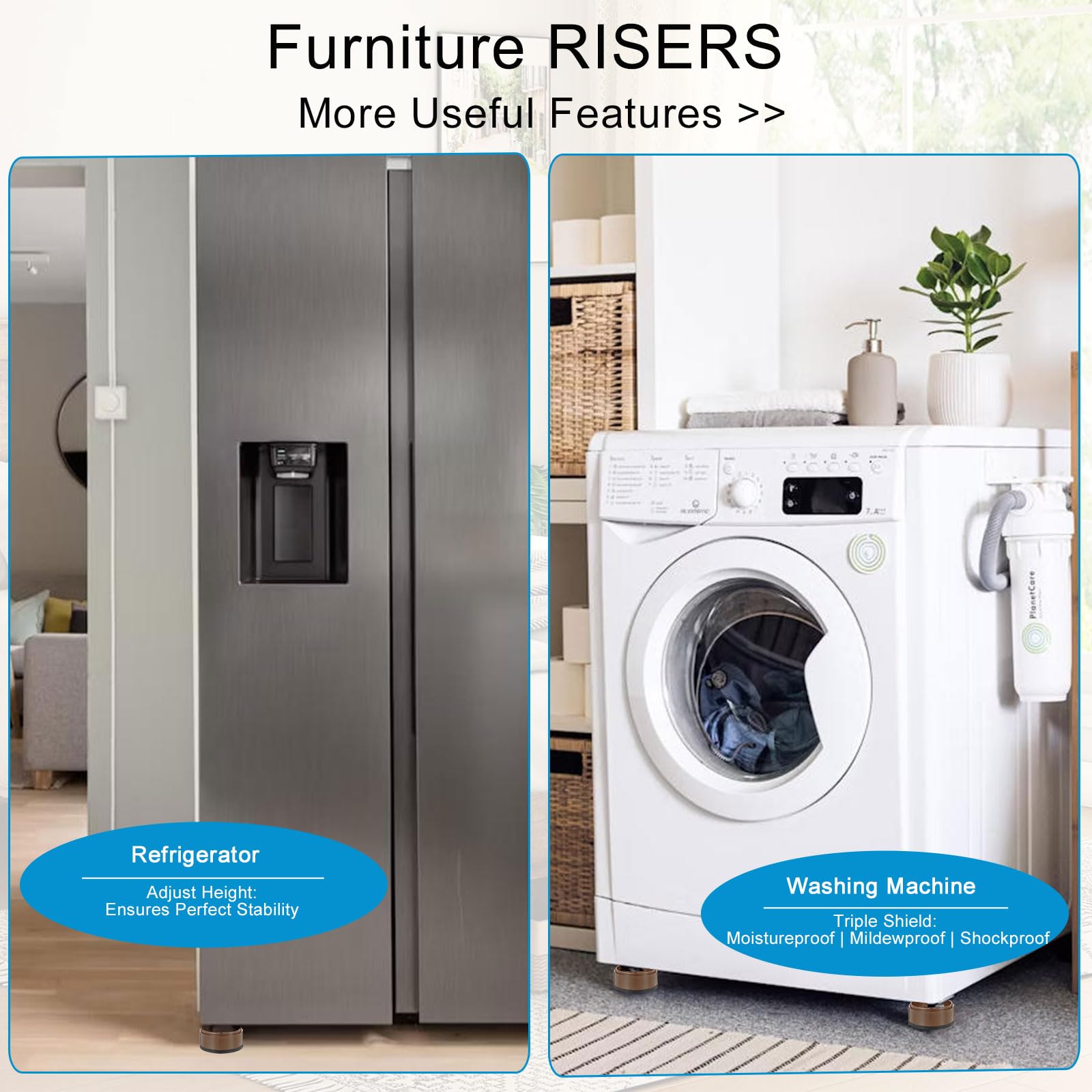 Elevadores de cama de 1, 2, 3 y 4 pulgadas, resistentes, ajustables para mesa, escritorio, sofá, silla, refrigerador, lavadora, bloques apilables (marrón, paquete de 4, 1+1+1 pulgadas)