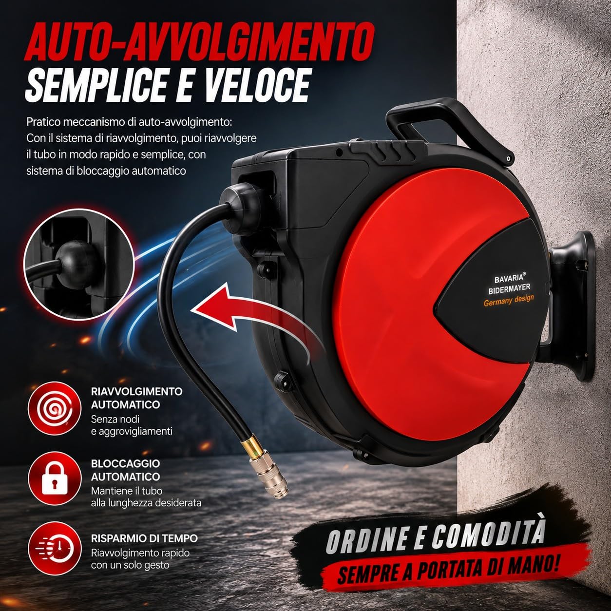 Avvolgitubo Aria Compressa Automatico 20+2 Metri 20 Bar 290 PSI Attacco Rapido 1/4" Avvolgitore Tubo Compressore Orientabile 180° da Parete per Officina Garage